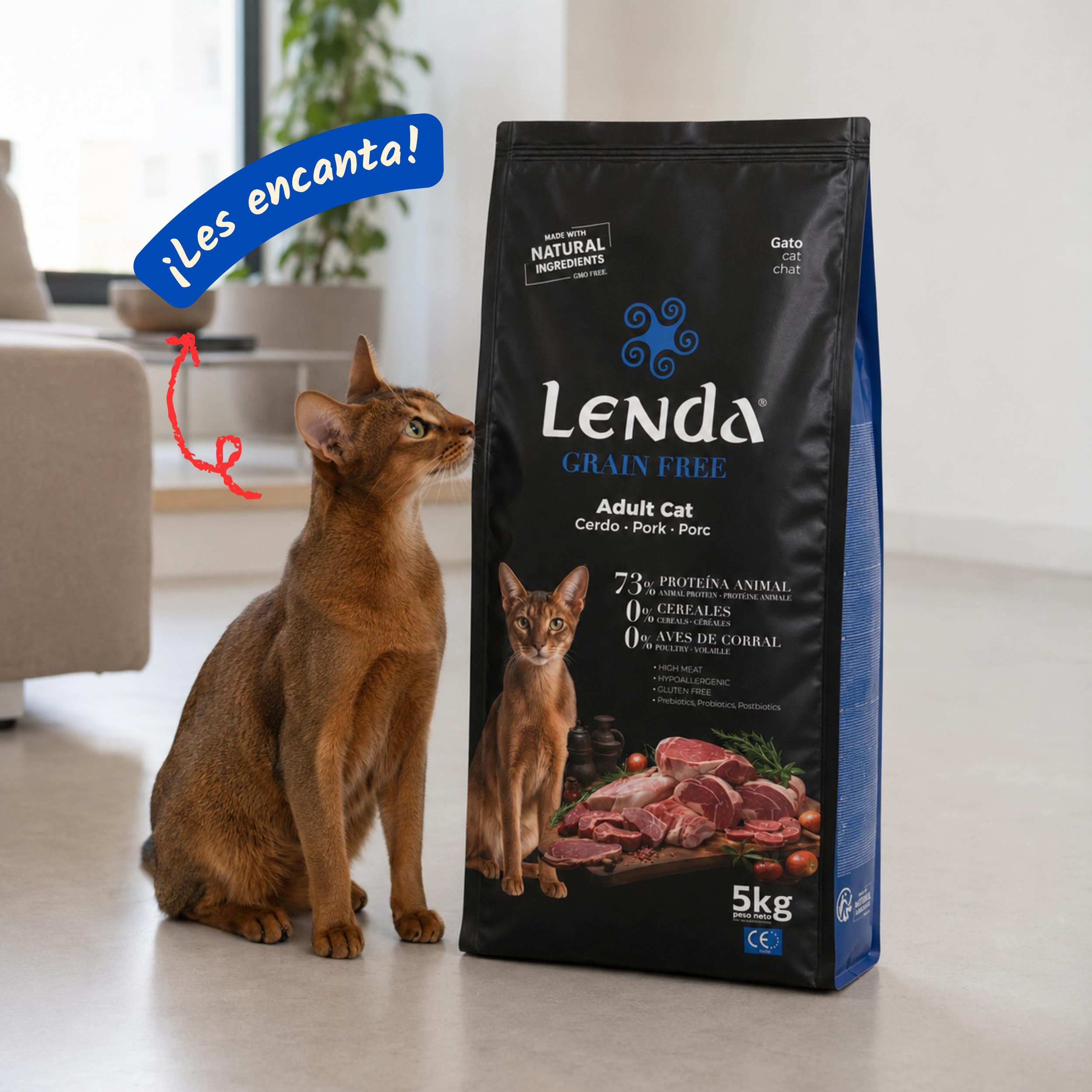 Lenda Grain Free Cerdo 5kg - Pienso Hipoalergenico Monoproteico para Gatos Sin Cereales - Comida para Gato Sin Cereales Sin Ave con Probioticos y Omega 3 para Piel y Digestion - No Grain