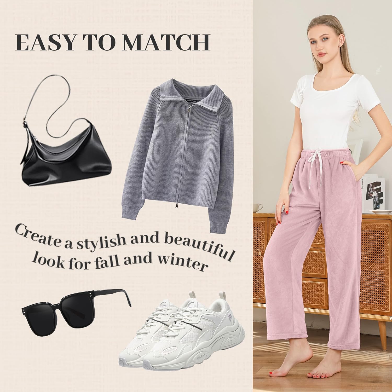 LYCY Womens Fleece Pajama Pants, Drawstring Lounge Pjs Plush Bottoms Warm Sleepwear with Pockets Comfy Winter - Image 4