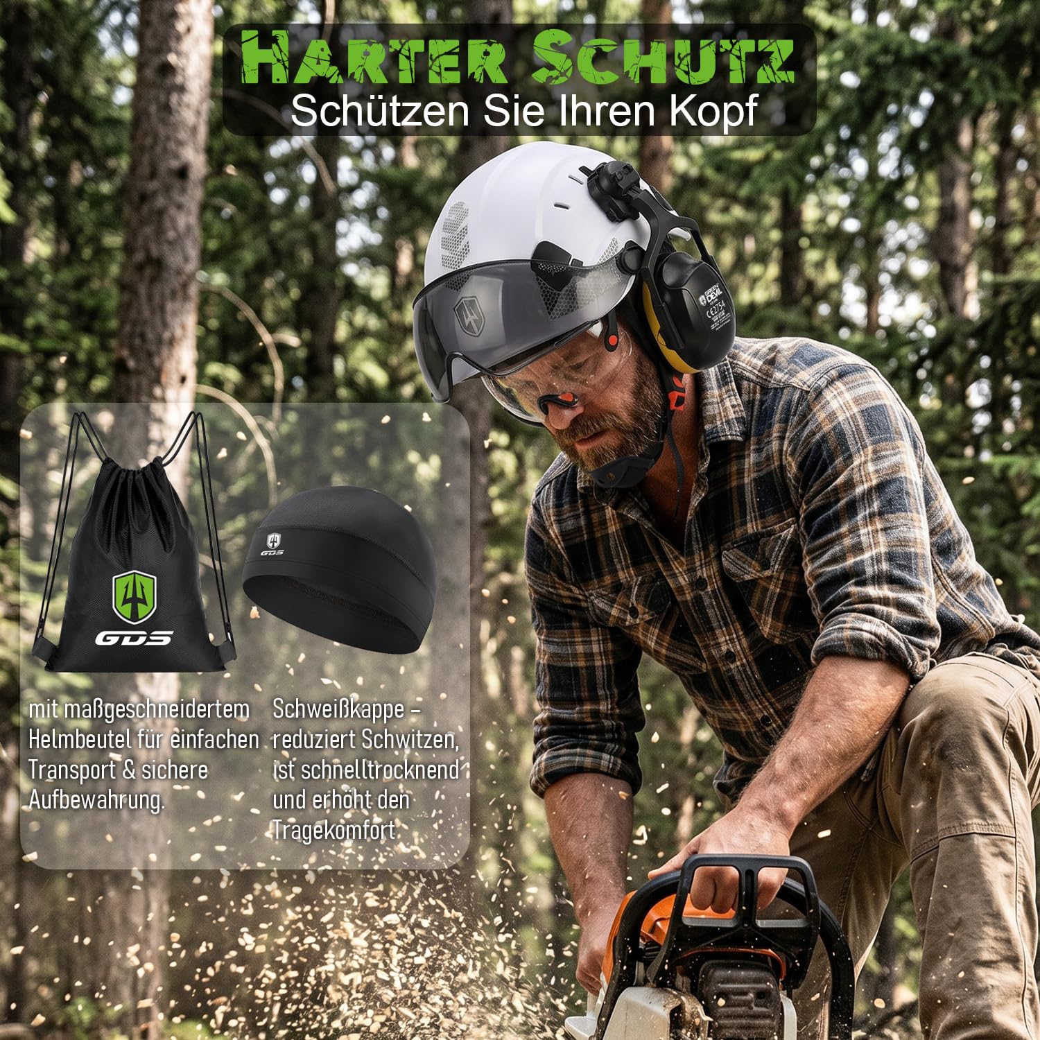 GREEN DEVIL Mervex Casco protettivo – Casco forestale con doppio vetro protettivo EN166 & silenziatore EN352 SNR32dB, certificato EN397, materiale ABS unisex per giardinaggio, cascate e cantieri