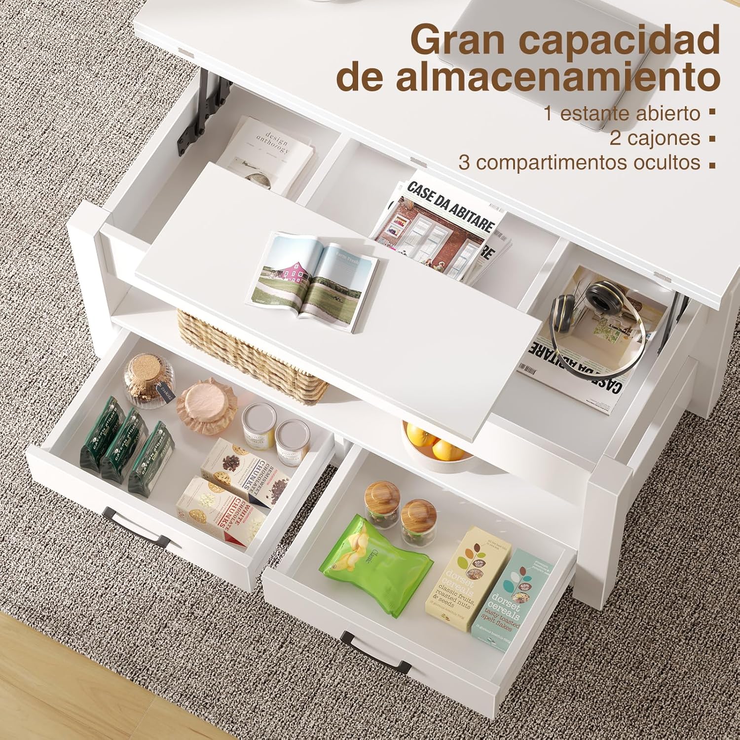 Diagram showing dimensions and weight capacities of the Rolanstar Lift-Top Coffee Table