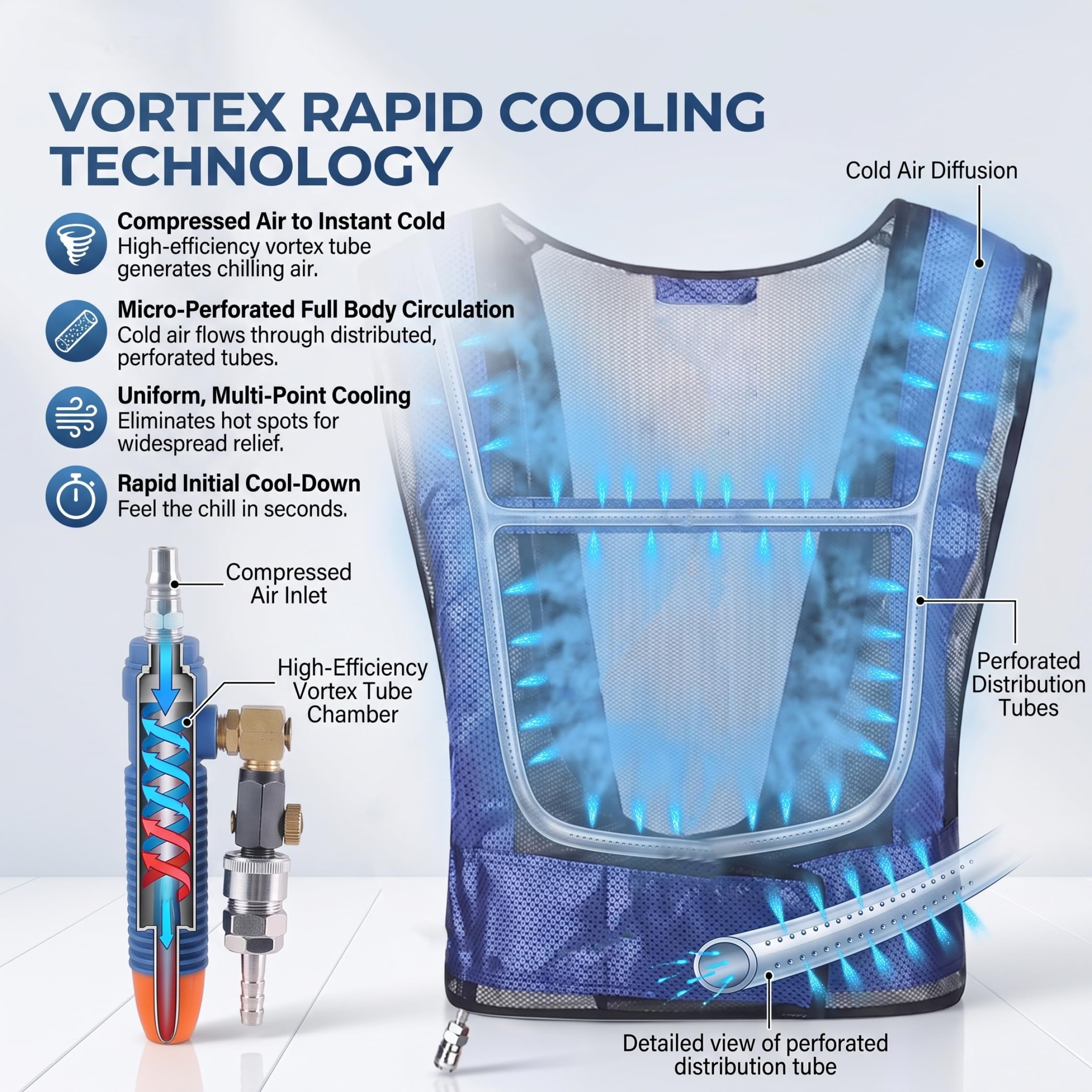 Chaleco de enfriamiento para soldadura, chaleco de aire acondicionado Eddy Tube de enfriamiento de acero para alivio del calor, azul, fresco