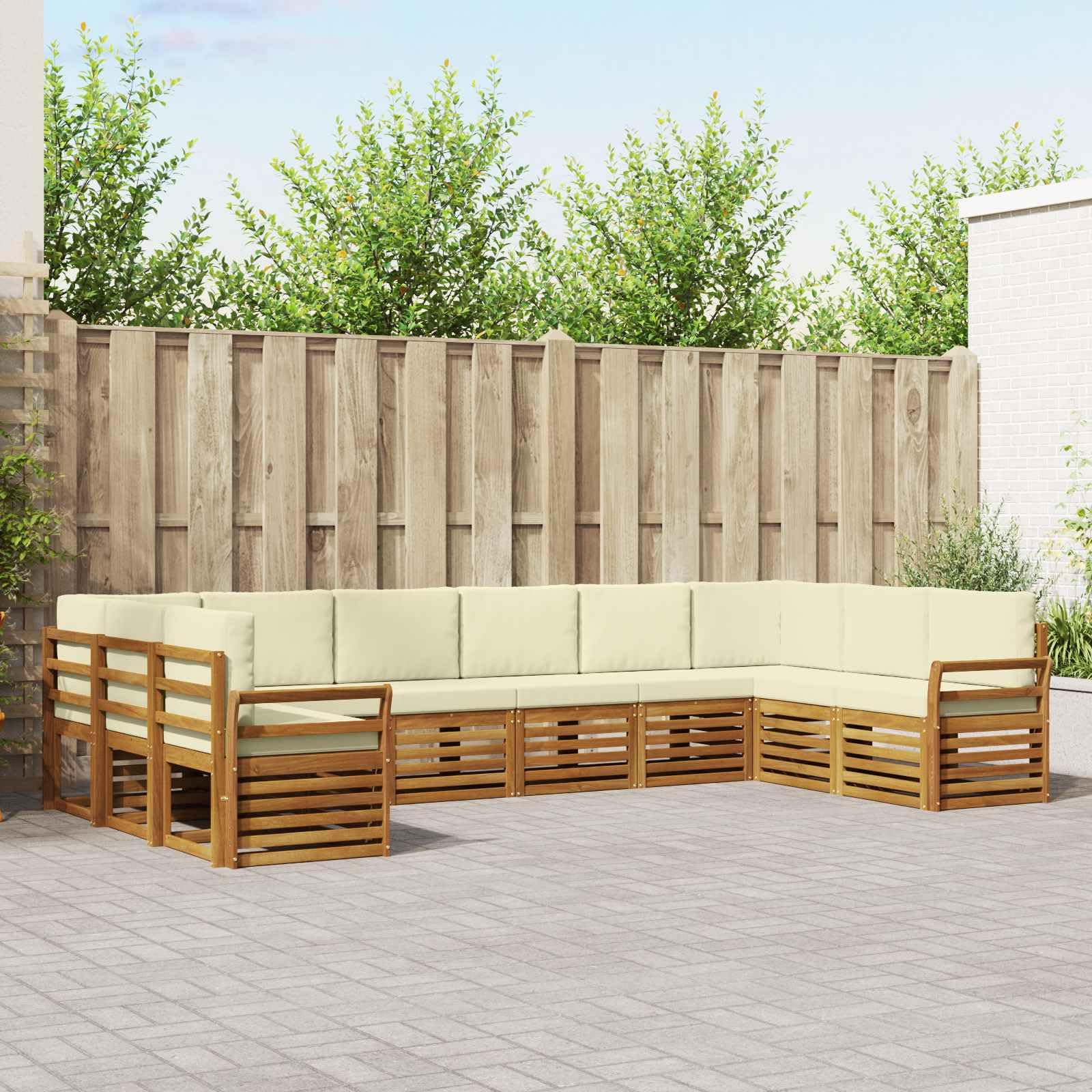 Conjunto de sofá seccional con Cojines 10 Piezas Madera de Acacia Natural y Crema para terraza jardín Sala Comedor Modular y Resistente diseño Elegante y cómodo