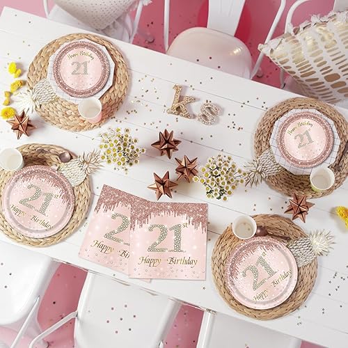 Miniatura 7 de 62 piezas de decoraciones de cumpleaños número 21 para niñas y ella, suministros de fiesta de cumpleaños de oro rosa incluyen 40 platos, 20