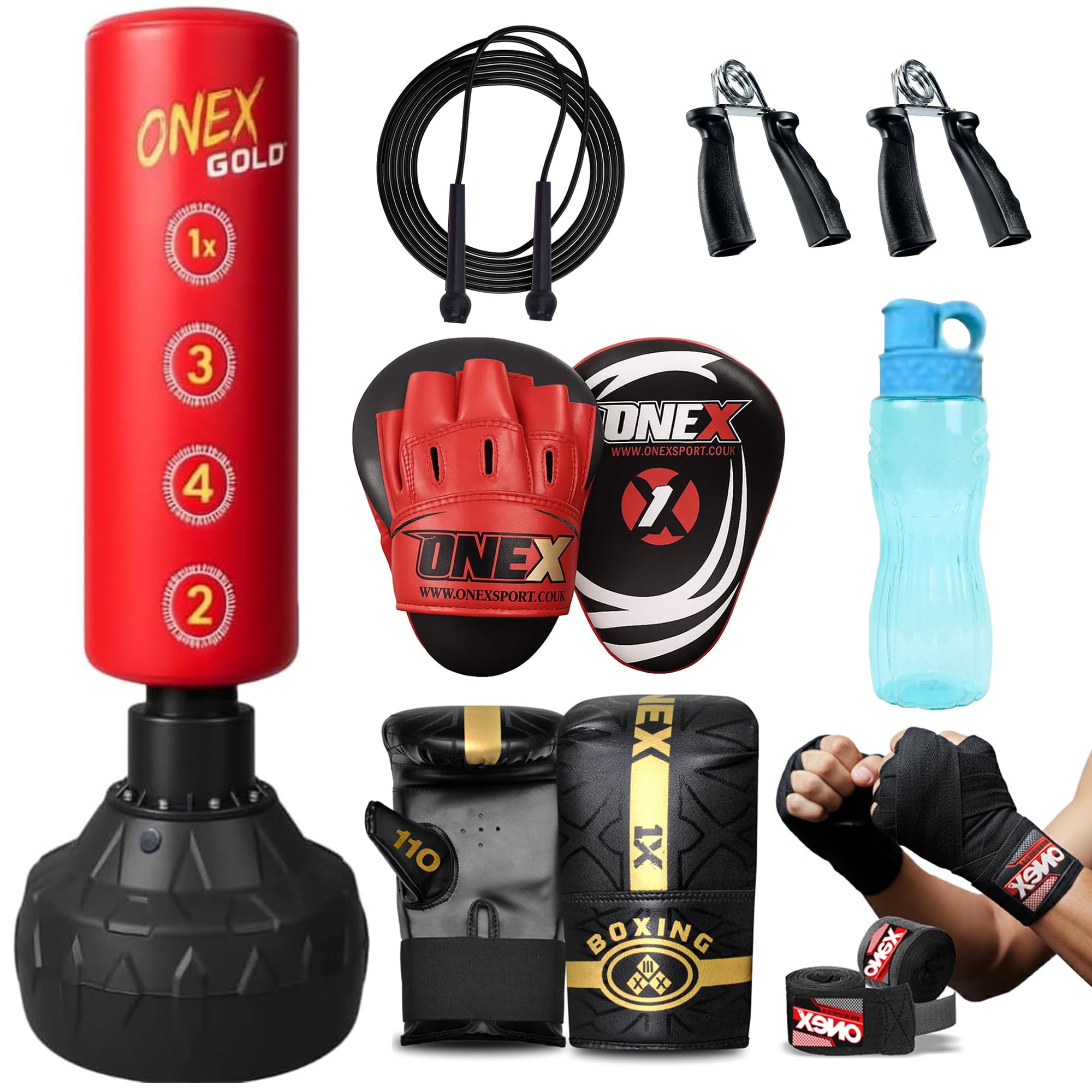 ONEX Punch Bag Set Free Standing Adult - 5ft Filled Heavy Duty Pedestal Stand Boxing Bag sets includes mitts, Pads for training Kickboxing Gym & Home Fitness Workout
