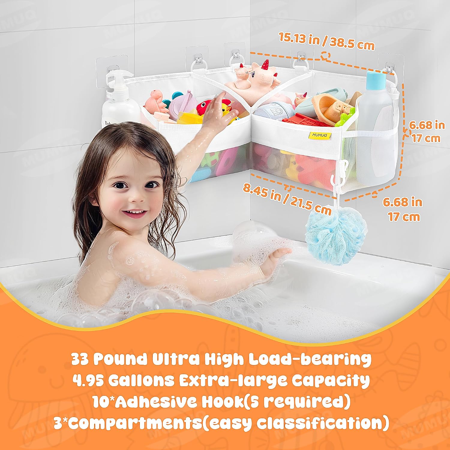 3 Compartments Bath Toy Storage Corner Bath Toy Holder for Bathtub, Kids Tub Toys Organizer with Adhesive Hooks, Quick-Drying Machine-Washable Mesh Bathroom Organizer for Tidy Bathtub