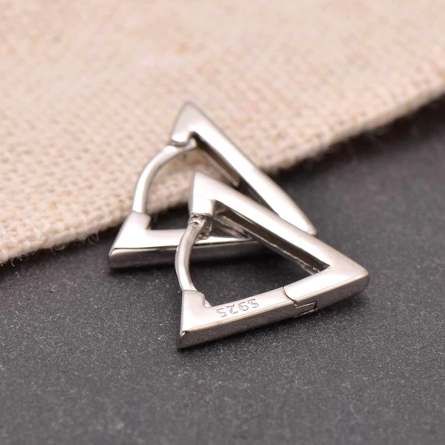 925 Sterling Silver Small Huggie Hoop Earrings Triangle, White Gold Plated - Image 2