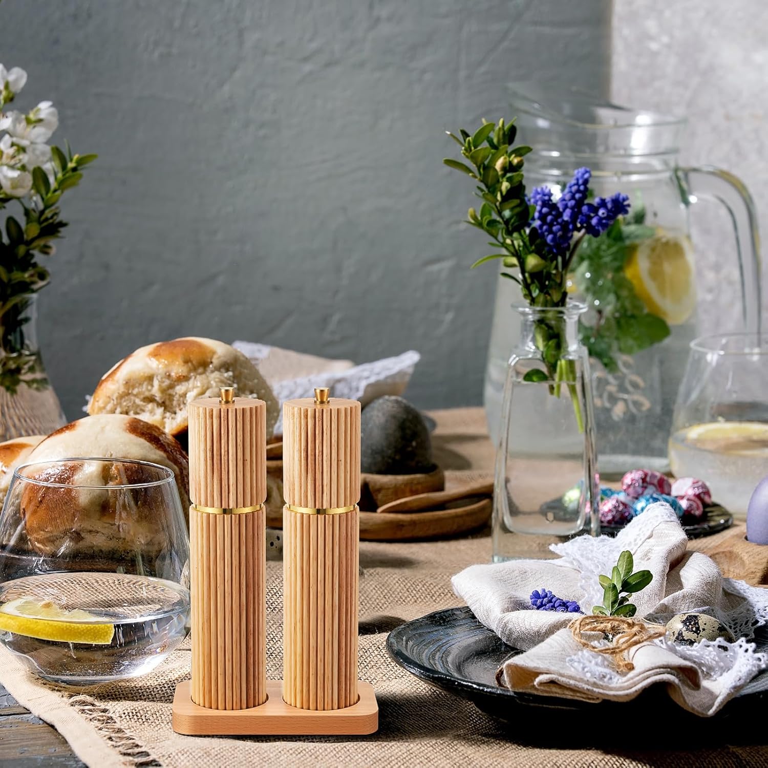 Wooden Salt and Pepper Grinder Set 8" Refillable Wooden Manual Salt and Pepper Mill Set with Adjustable Coarse Settings Rust Resistant Smooth Quality Grinding Mechanism(Fluted,Wood)