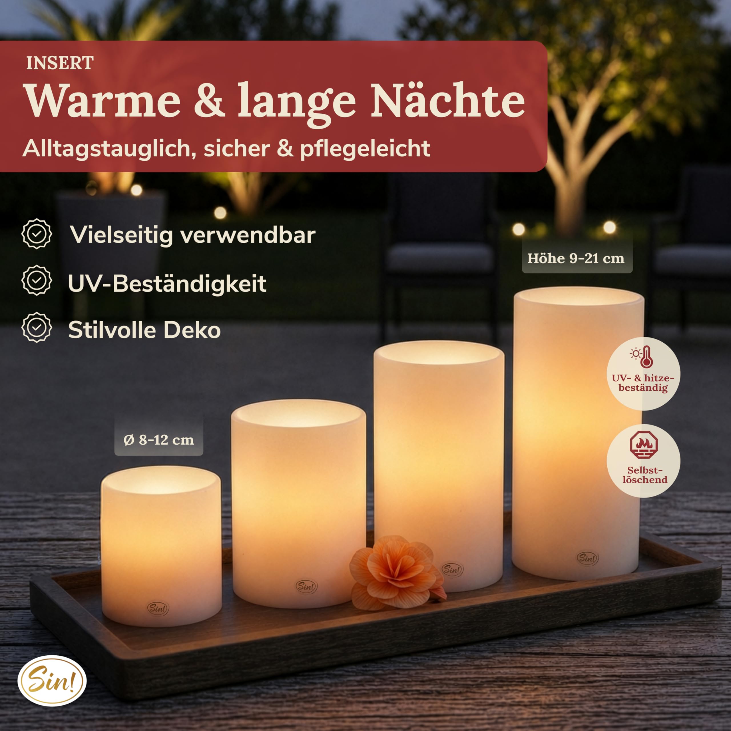Sin!® 1x Teelichthalter & Stumpenkerze Insert ∅ 12 Höhe 12cm weiß - Die Kerze die nicht schmilzt! Kunststoff Dauerkerze inkl Teelicht 8 Std Brenndauer (Made in Germany) Kerzenoptik mit Teelichteinsatz
