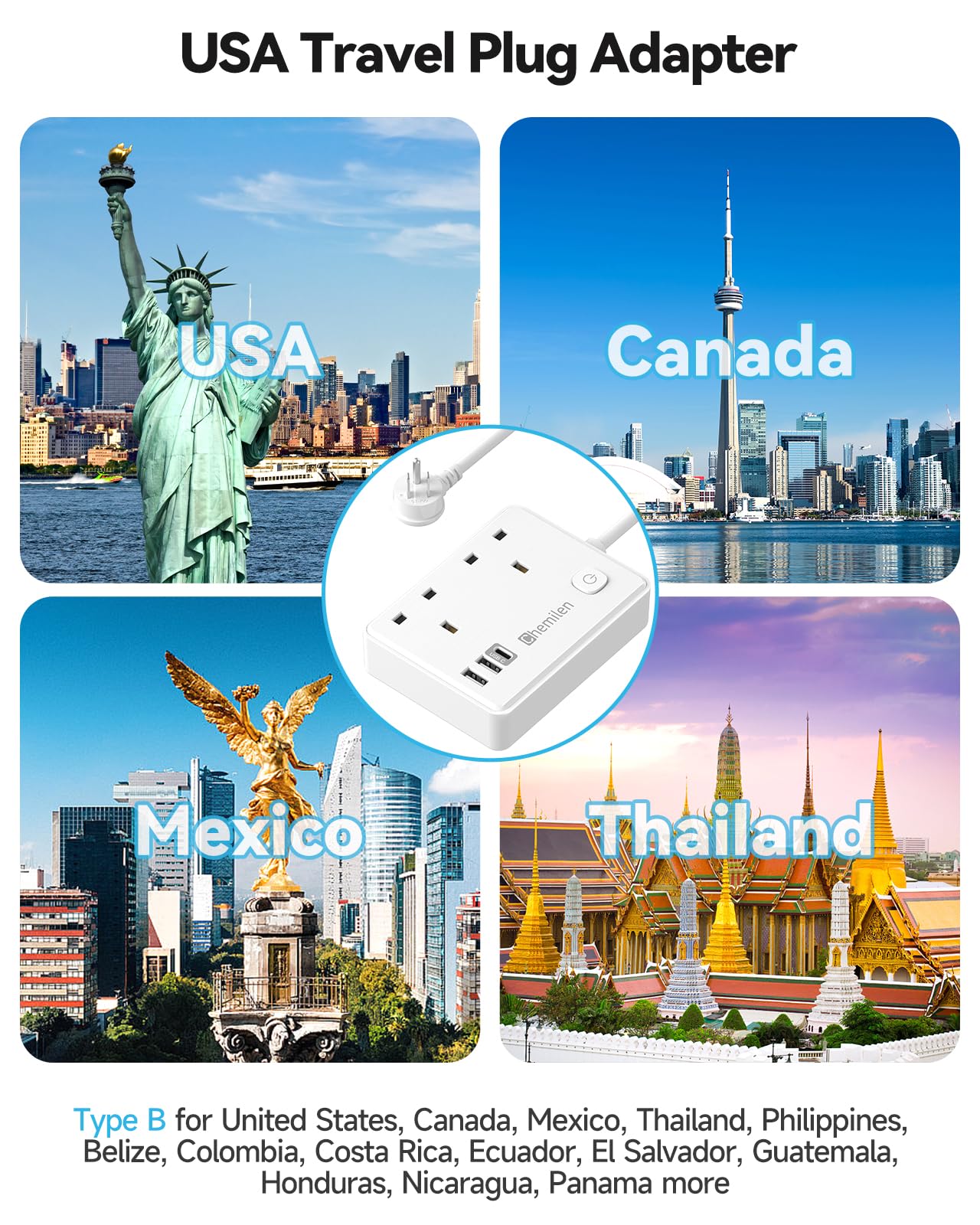 UK to US Plug Adaptor 2 UK Outlets & 3 USB Ports, US Adapter Travel from UK with 1.5M Extension Cable for American, Mexico, Canada, Thailand and More(Type B) — view 3