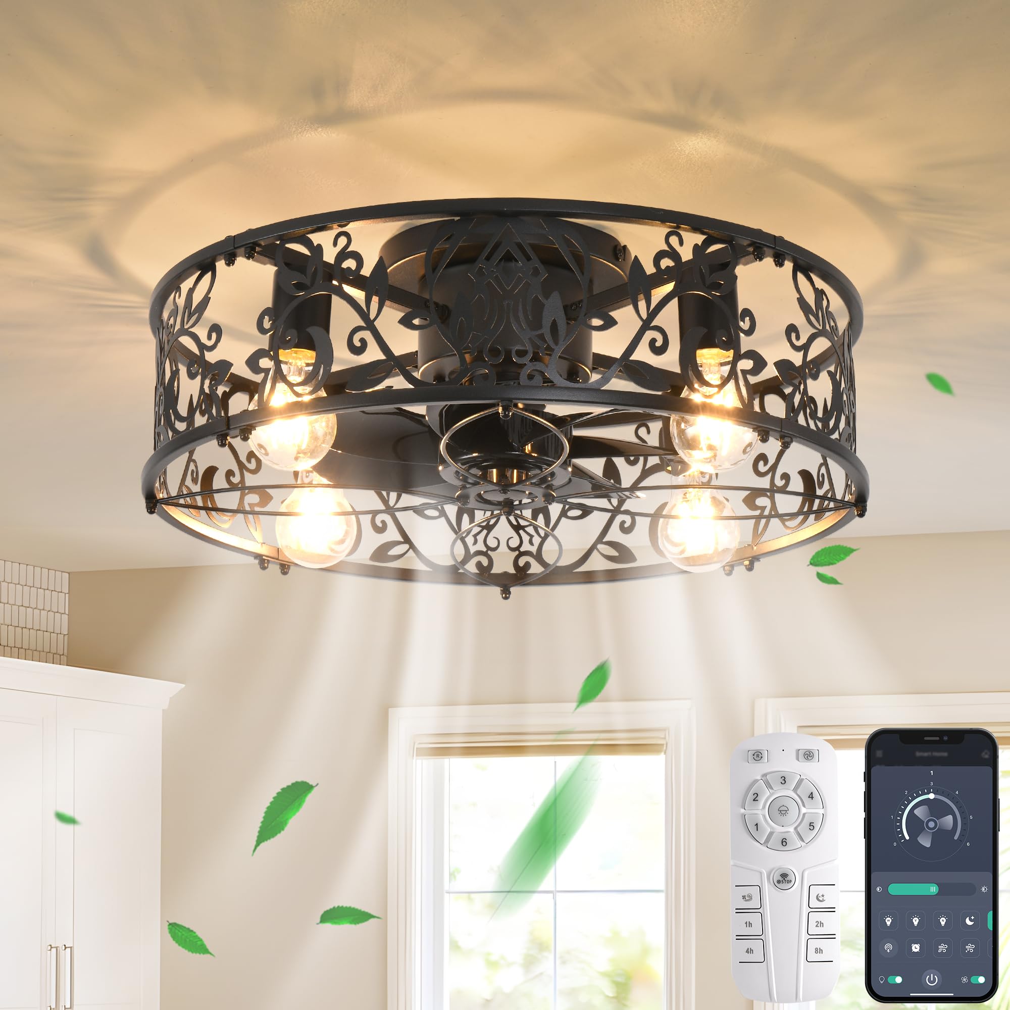 Ganeed Caged Ceiling Fan with Lights Industrial Style Farmhouse Ceiling Lighting 51cm Low Profile Ceiling Flush Mount Lamp E27 with Remote Control Black 4 Lights