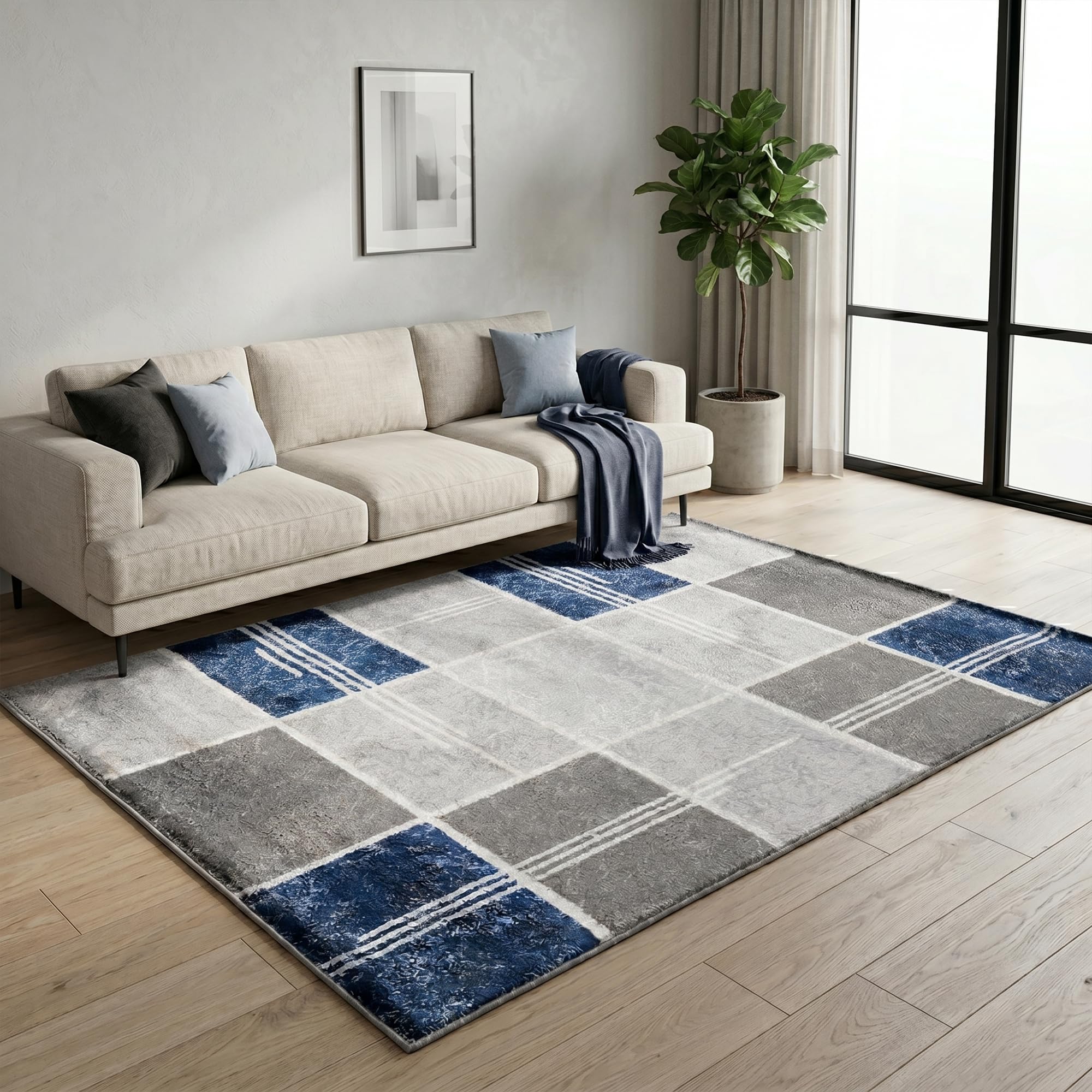 Rugs Haven Box Shadow Large Fluffy Area Rug Carpet Washable Soft Modern Indoor Shaggy Floor Rug for Living Room, Bedroom, Hallway, Lounge (Navy, 200x290 cm)