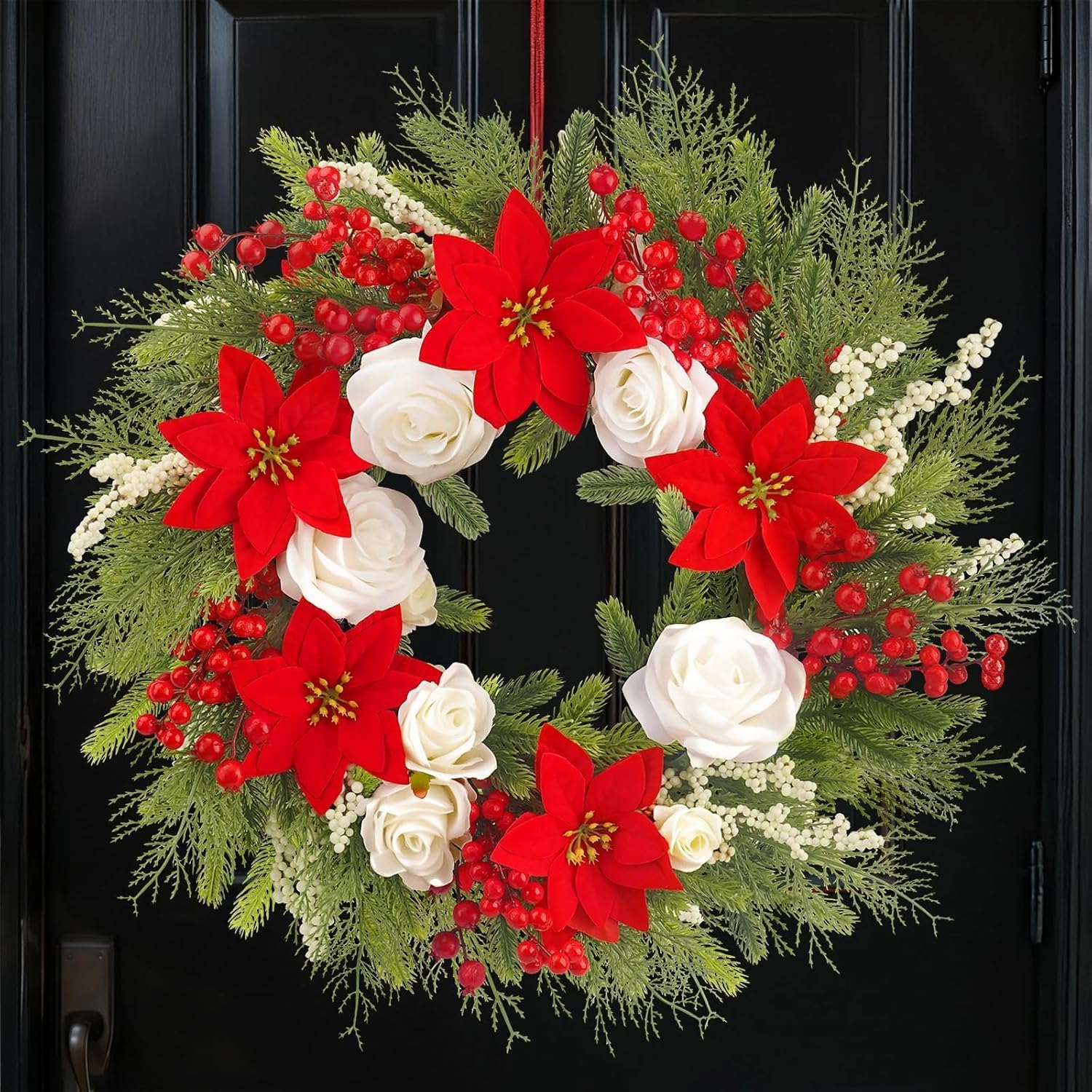 20Inch Christmas Wreath Artificial Poinsettias Wreath with Plump Pine and Red Berries Fake Poinsettia Flowers for Christmas Wreaths Decor Home Wall Window Fireplace Xmas Decor