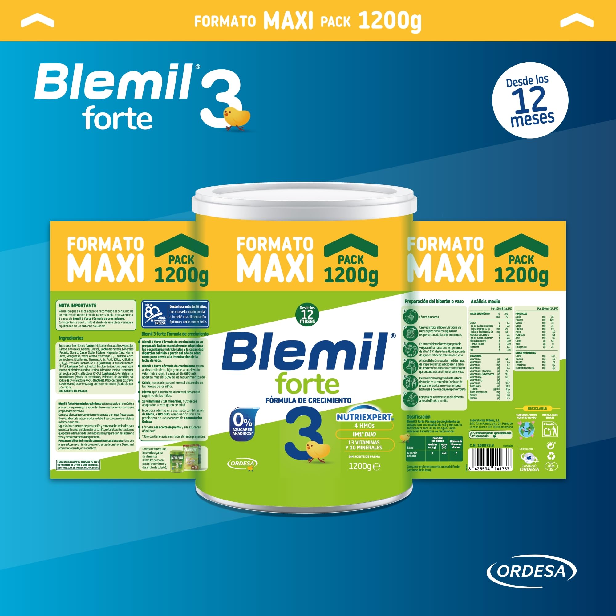 Blemil 3 Crecimiento 0% Azúcares Añadidos 3PACK | 3 botes de 1200g | Preparado Lácteo en polvo para Niños de 1 a 3 Años - Amazon Exclusive