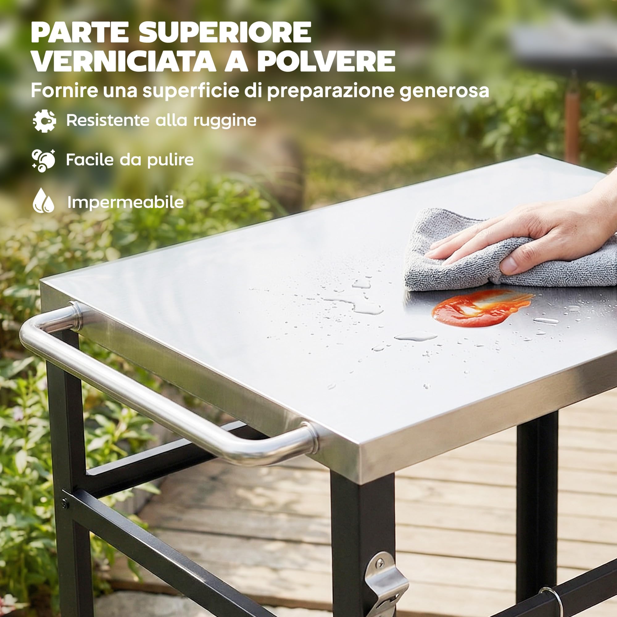 Outsunny Carrello per Barbecue da Esterno, Tavolo Cucina per Forno a Pizza con Piano in Acciaio Inox, 4 Ganci a S, Maniglia, Apribottiglie e Ruote Bloccabili, 82x55x79 cm, Nero