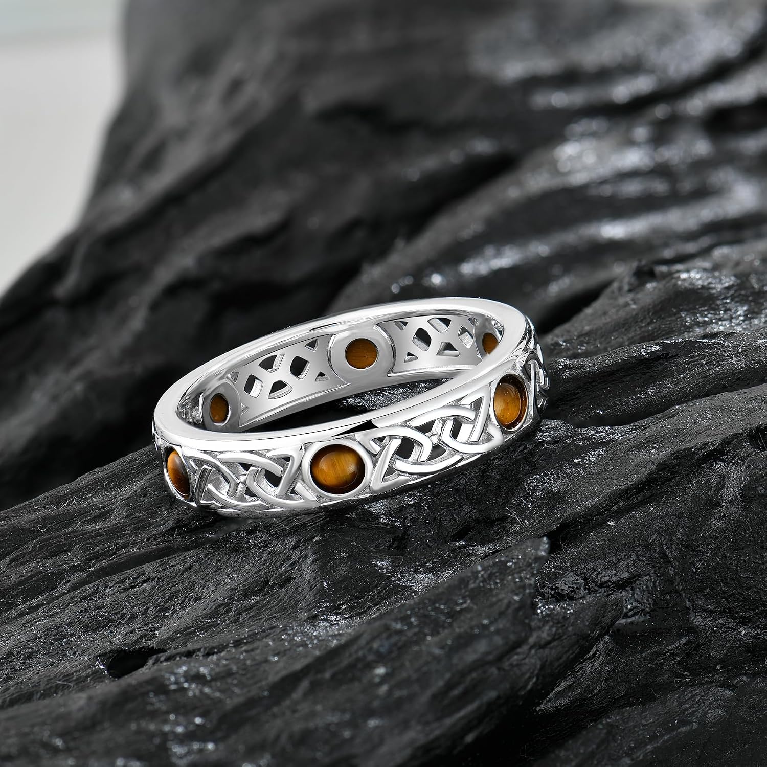 Celtic Trinity Knot 925 Sterling Silver Promise Rings for Men, 3A Cubic Zirconia/Black Spinel/Sapphire/Tiger Eyes/Turquoise Irish Band Rings for Anniversary Engagement, Size 7-12