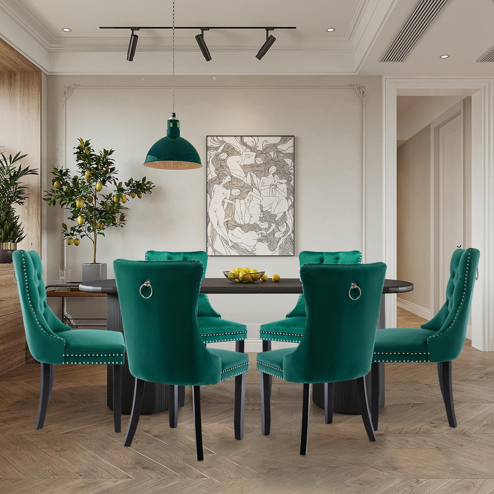 Lot de 6 chaises de Salle à Manger rembourrées en Velours de Style Moderne avec Garniture en tête de Clou et Pieds en Bois, Anneau de Traction en métal pour Salle à Manger, Salon (Vert)