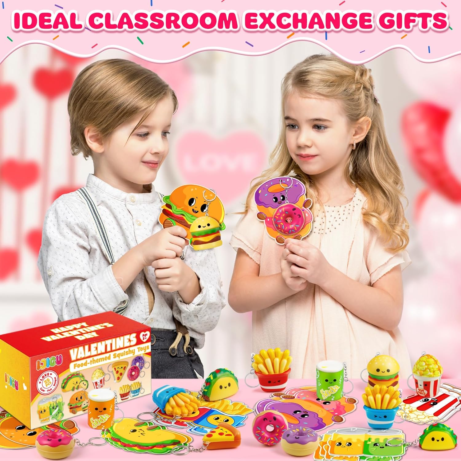 IJIGU Valentines Day Cards for Kids School, 25 Pack Kids Valentines cards with Food Squishy Toy Keychains, Valentines Day Exchange Gifts, Ideal Classroom Prize & Party Favors
