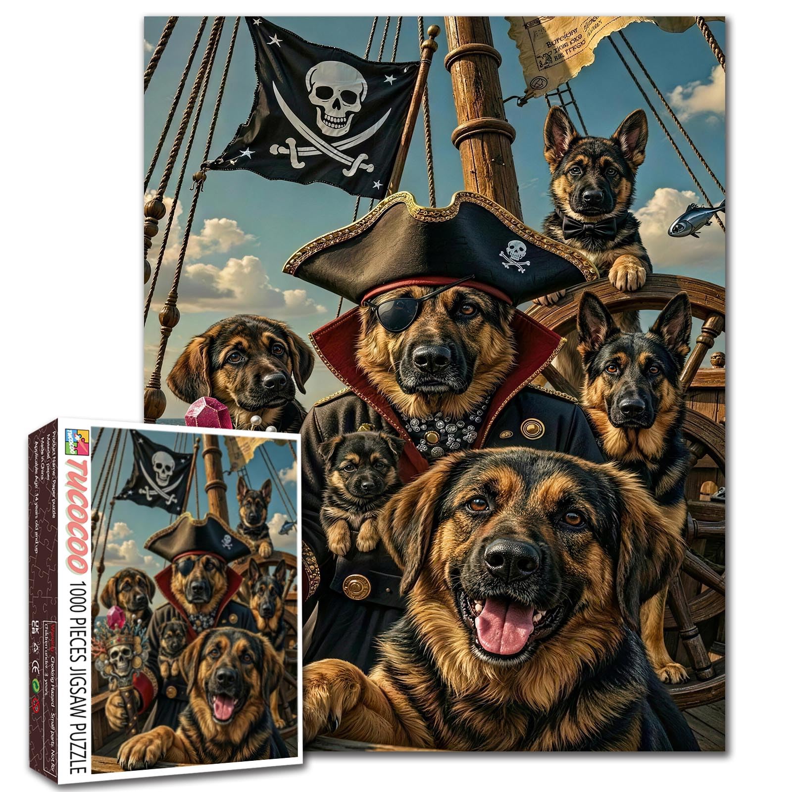 Dog Pirate Crew Puzzle Animal Pirate Jigsaw Pirate Ship Scene Humorous Art Ocean Adventure 1000 Pieces for Adults Beginner Challenging Family Activity Games DIY Crafts Puzzle for Home Decor Gifts โ image 1