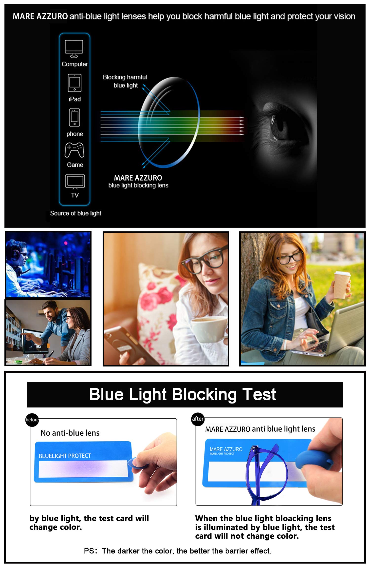 MARE AZZURO Computer Reading Glasses Women Stylish Blue Light Blocking Filter Glare UV Readers 0 100 150 200 250 300 350 400 (Blue, 1.0)