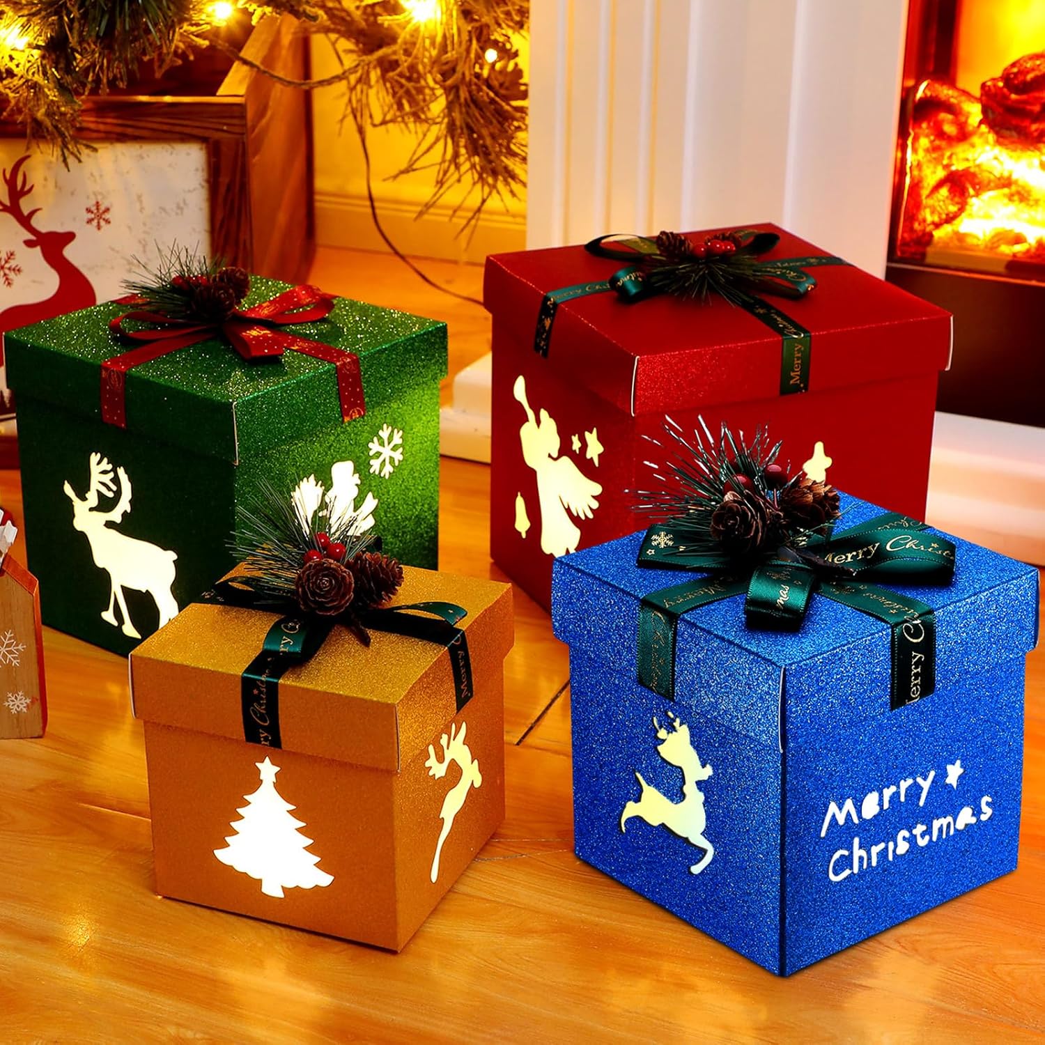 Cholemy 4 Pcs Christmas Lighted Gift Boxes 80 LED Light up