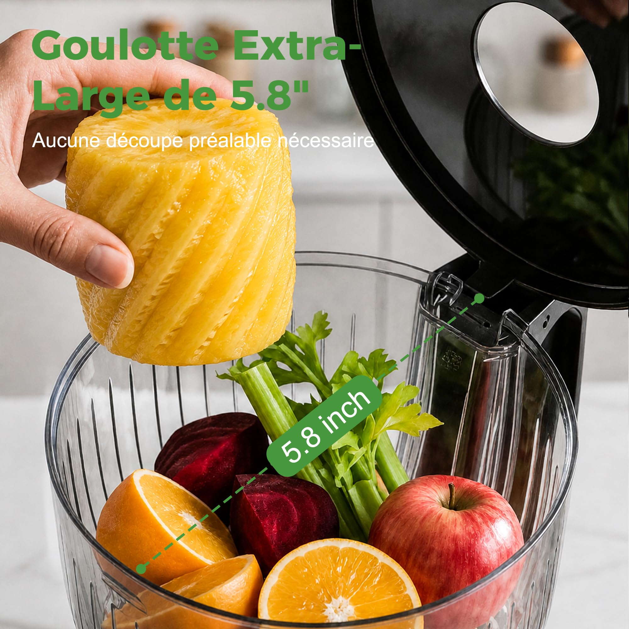 YASHE Extracteur de Jus Lent 300W, Goulotte 148 mm pour Fruits et Légumes Entiers, Slow Juicer avec Fonction Inverse, Moteur Silencieux, Sans BPA, Nettoyage Facile