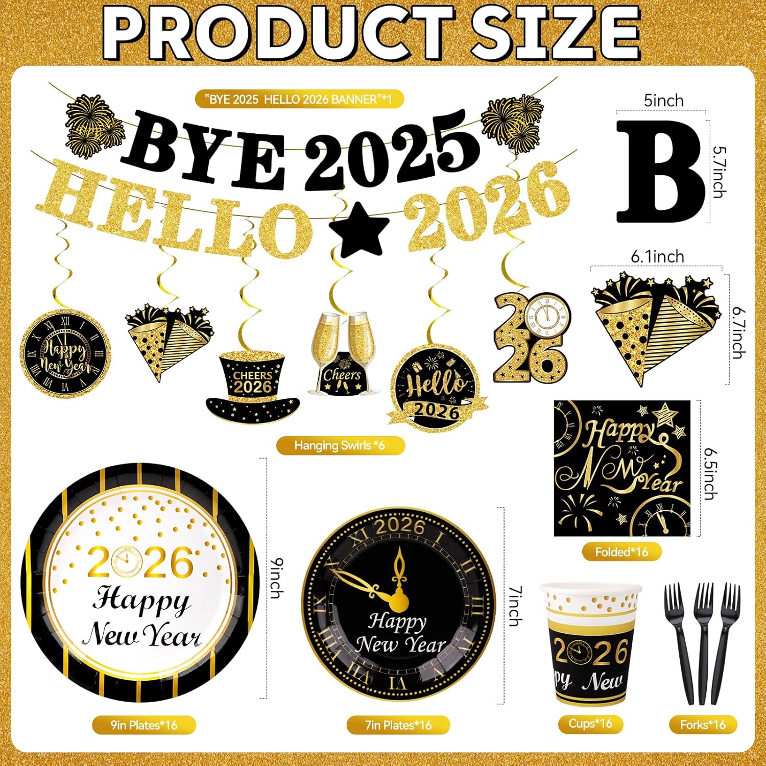 Miucat New Years Eve Party Supplies 2026, Happy New Years Party Decorations, New Year Plates and Napkins Party Supplies, New Year Decor - Serves 16