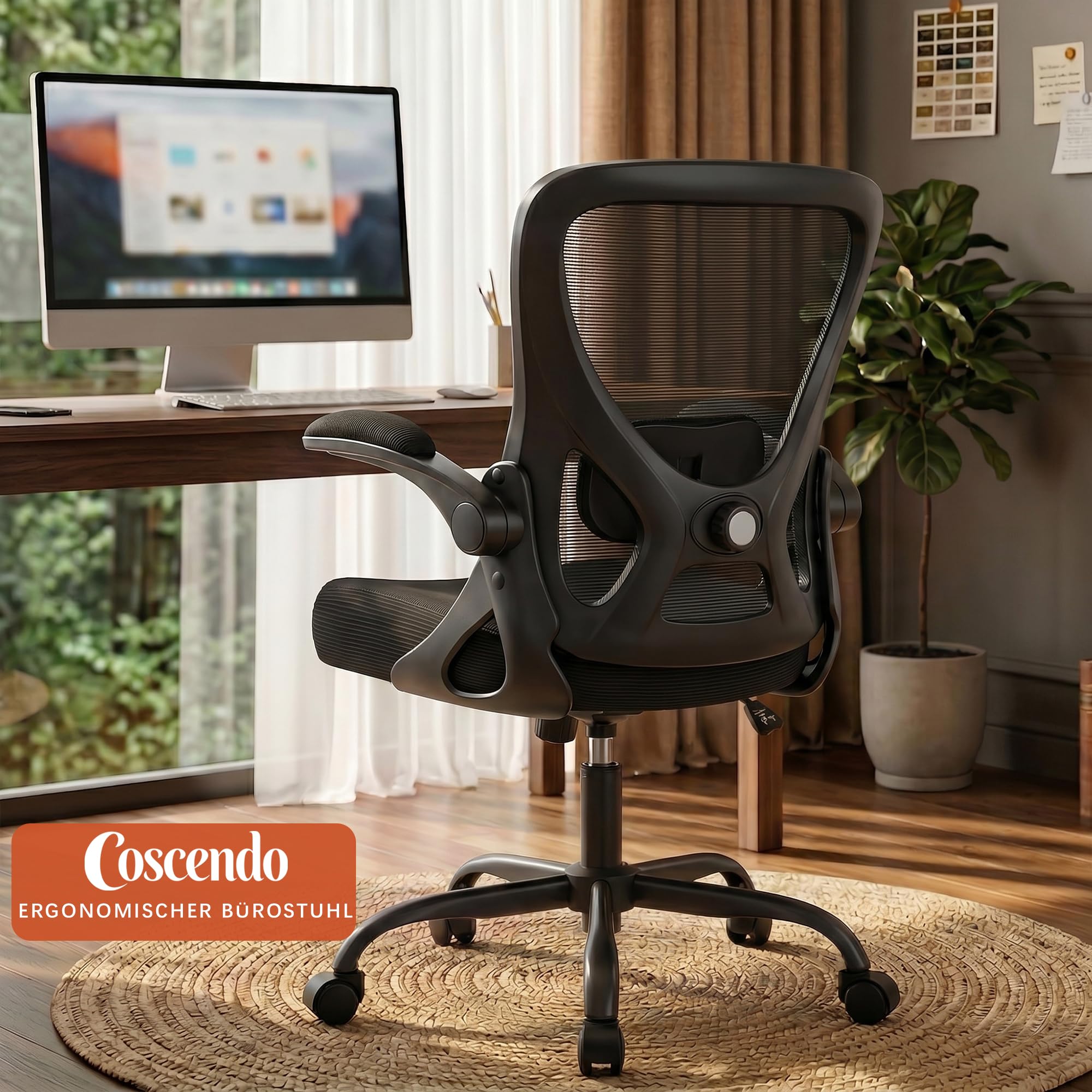 Ergonomischer Bürostuhl mit hochklappbaren Armlehnen, Schwarz