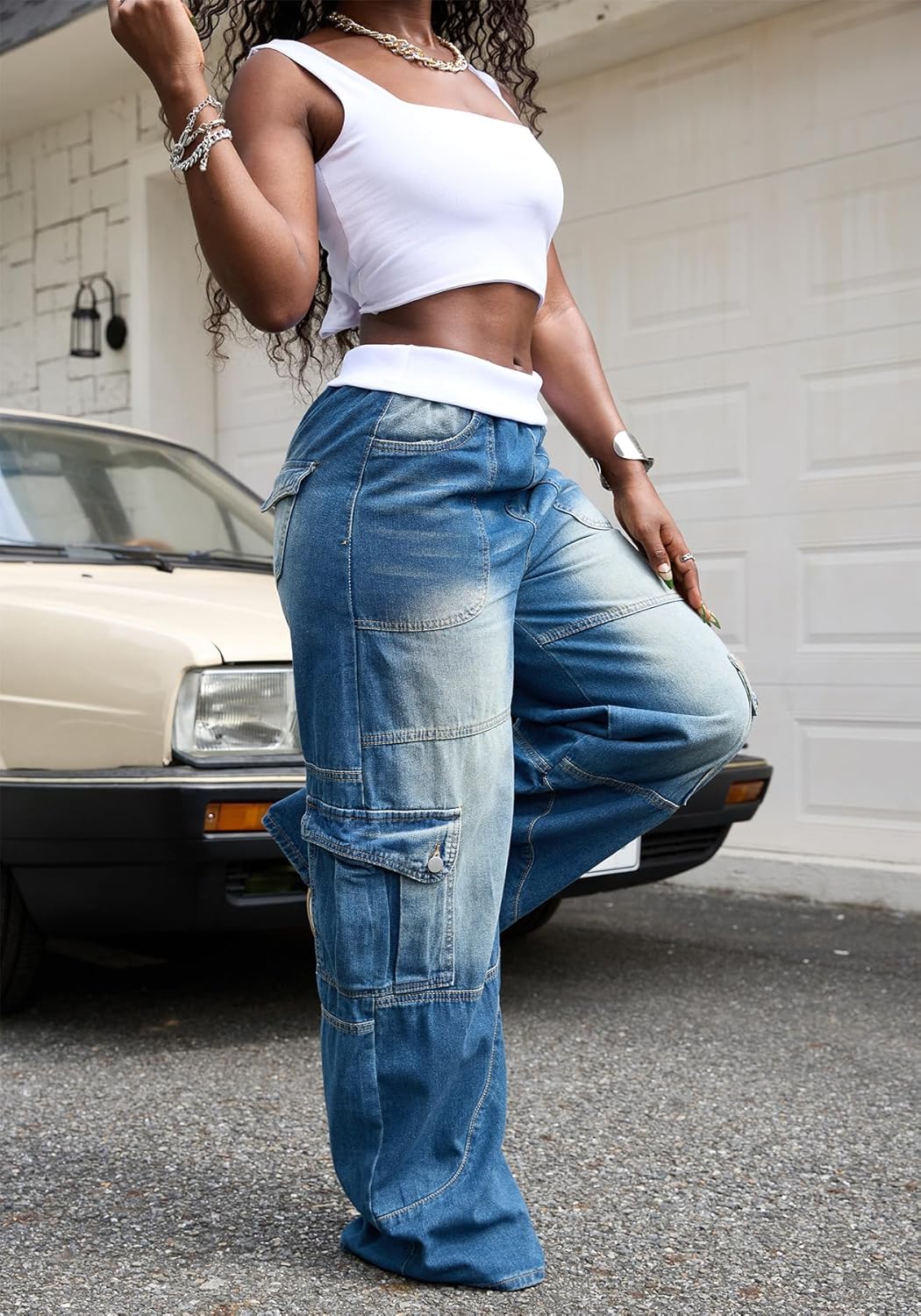Womens Baggy Cargo Jeans High Waisted Vintage Wide Leg Denim Pants Loose Barrel Jeans Streetwear