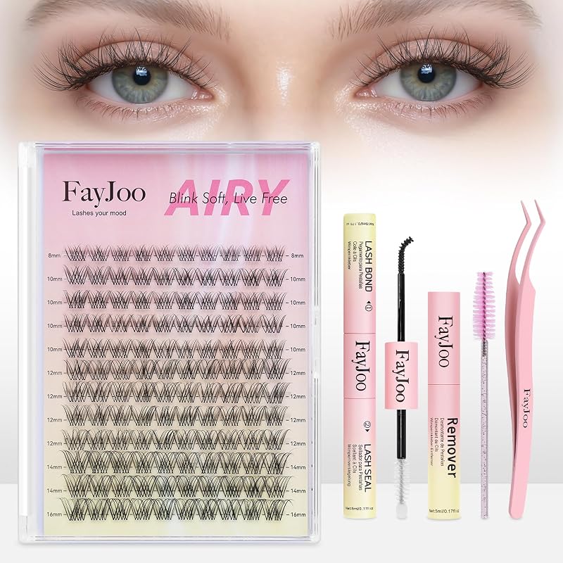 Kit FayJoo de Cílios em Tufos com Curvatura C, 8–16 mm, Cola, Selante, Removedor e Pinça
