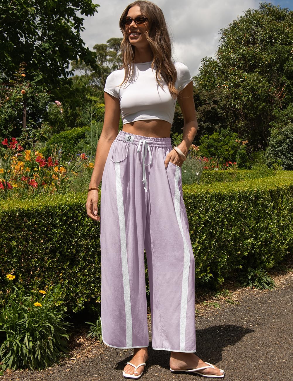 TARSE Womens Linen Wide Leg Pants Baggy Casual Drawstring Elastic Waisted Contrast Color Loose Y2K Pants with Pocket - Image 4