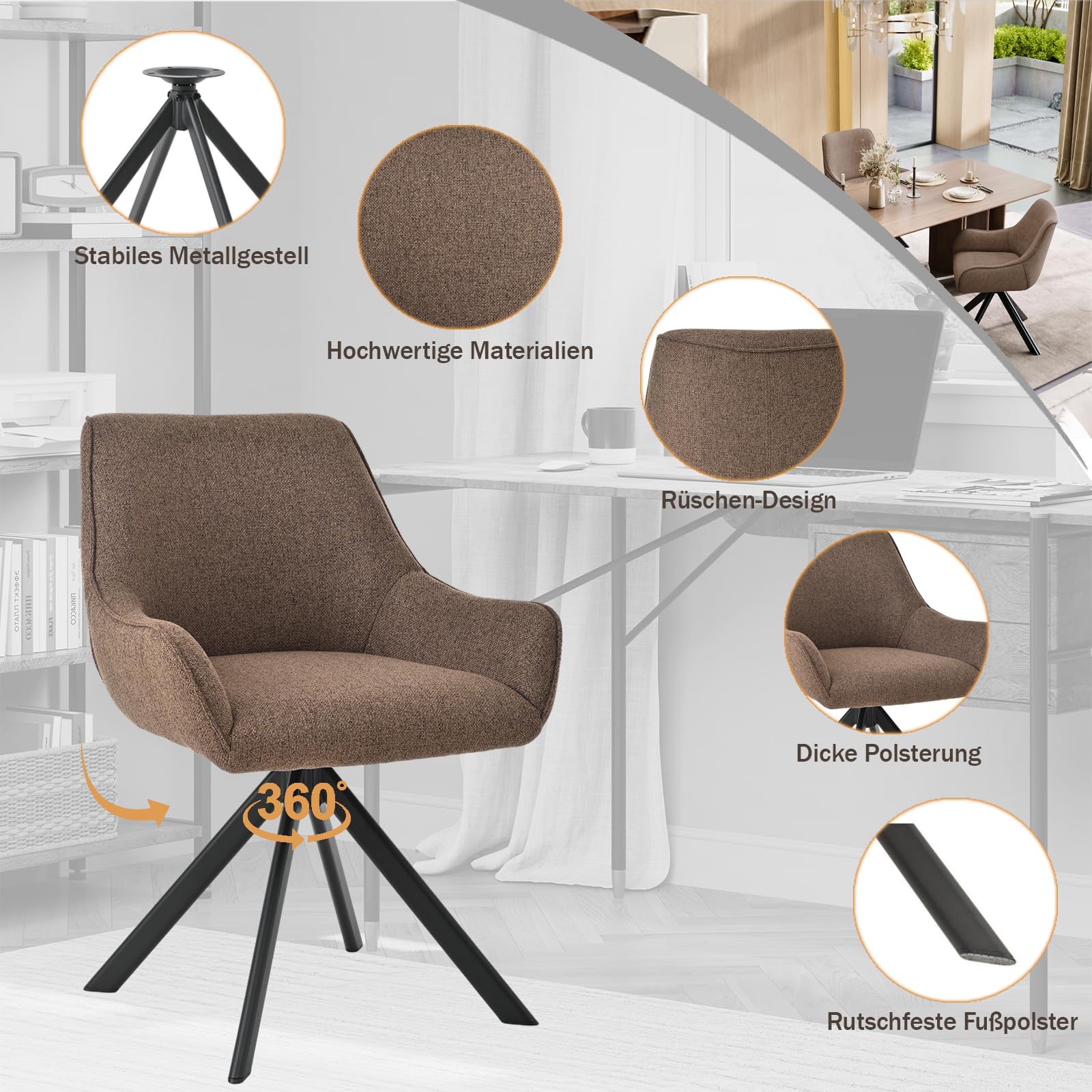 Juego de 4 sillas de comedor giratorias con reposabrazos, giratorias 360°, sillas tapizadas de lino, modernas, giratorias, con estructura de metal y respaldo para comedor, salón, oficina