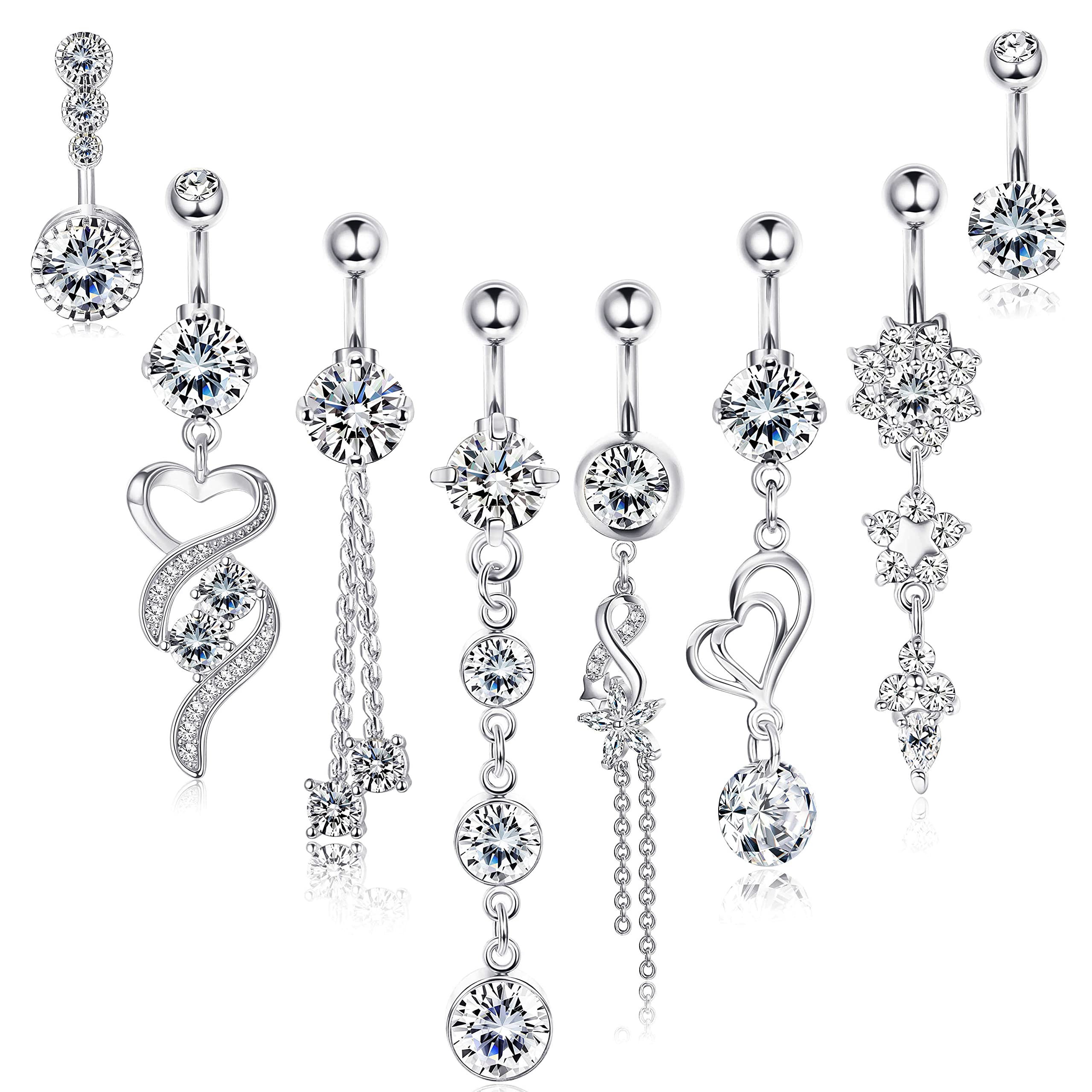 KALVICA 8 Piezas Piercing Ombligo Acero Quirurgico para Mujere Anillos de Ombligo Zirconia Piercing de Ombligo con Colgante Largo Curved Body Piercing Set Plata Oro Rosa