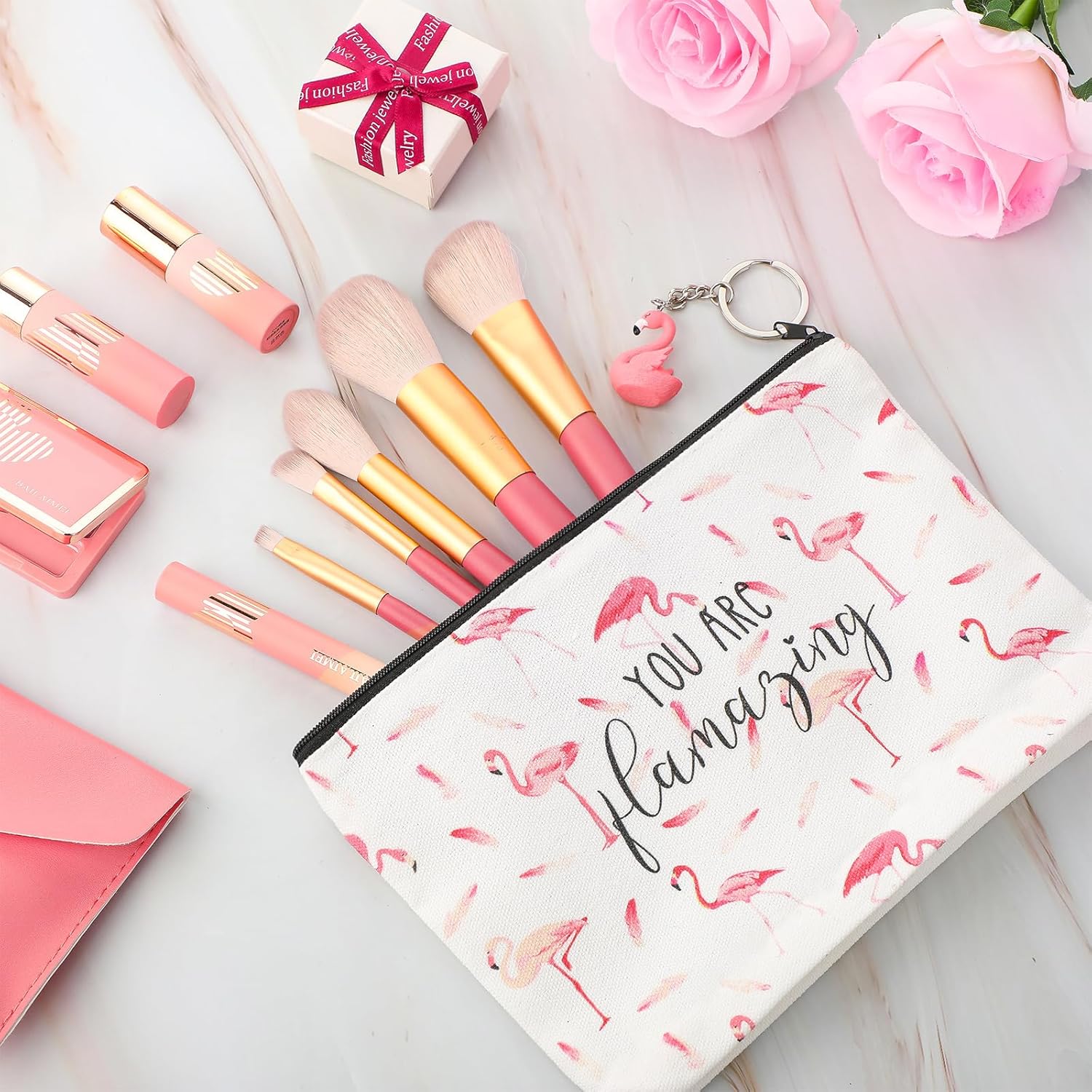 Sieral 3 Pcs Flamingo Gifts Set for Women Girls Flamingo Lovers Gift Include 12 oz Stainless Steel Wine Tumbler with Lid Cosmetic Bag Keychain Valentines Gifts for Birthday Animal Lovers Daughter Mom - Image 5