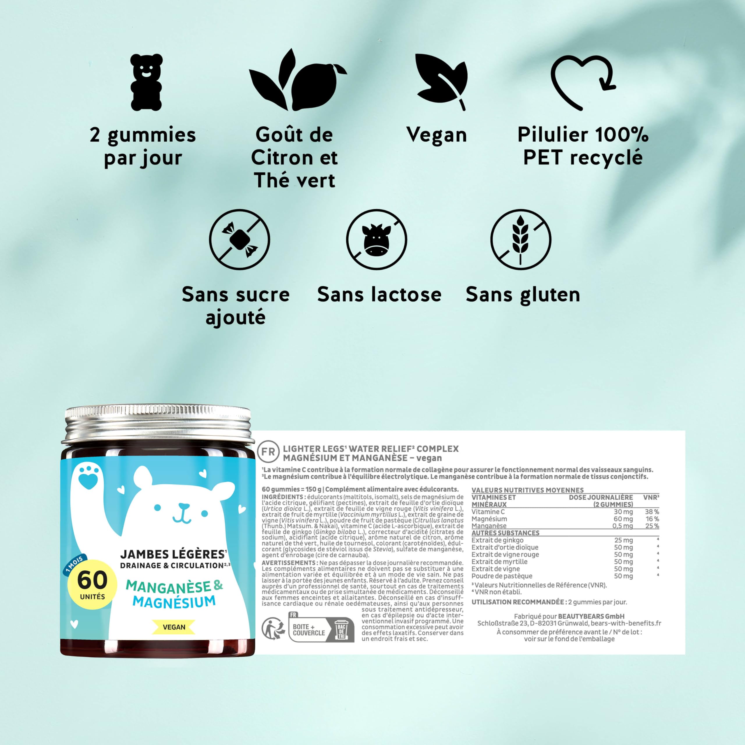 Jambes Légères Drainage & Circulation Gummies – Vitamine C, Magnésium, Manganèse & Extraits Végétaux – 60 unités (1 mois) – Sans sucres ajoutés, Vegan – Bears with Benefits