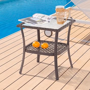 18 Outdoor Side Table with Tempered Glass Top, Rattan Side Table with Storage, Square Wicker End Coffee Table for Patio Outside Balcony Porch Deck, Brown