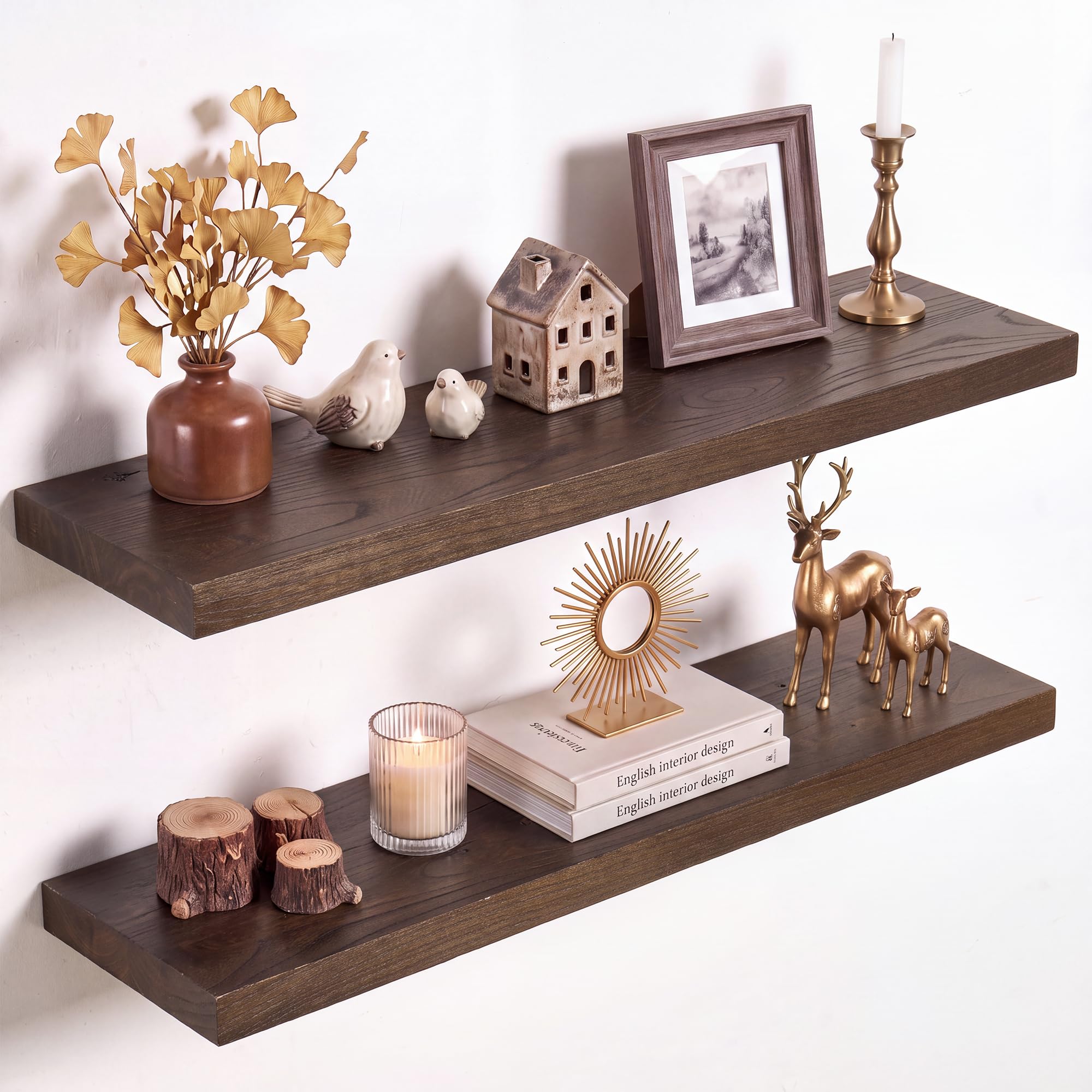 Axeman Floating Shelves for Wall, 80cm Rustic Solid Elm Wood Shelves for Storage, Wall Mounted Display Shelving with Invisible Heavy-Duty Metal Bracket,80x20x3.5cm (Walnut, 2PCs) โ image 1