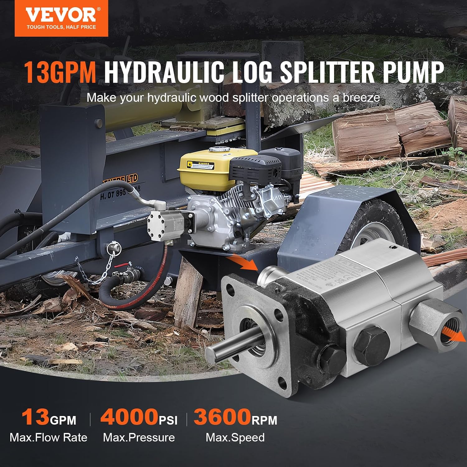 VEVOR Hydraulic Wood Log Splitter Pump Kit, 13 GPM, 2 Stage 4000 PSI Aluminum Hydraulic Gear Pump, with Coupling Installation Base 1/2'' NPT Outlet 3600 RPM, for Small Engine Mounting Log Splitter