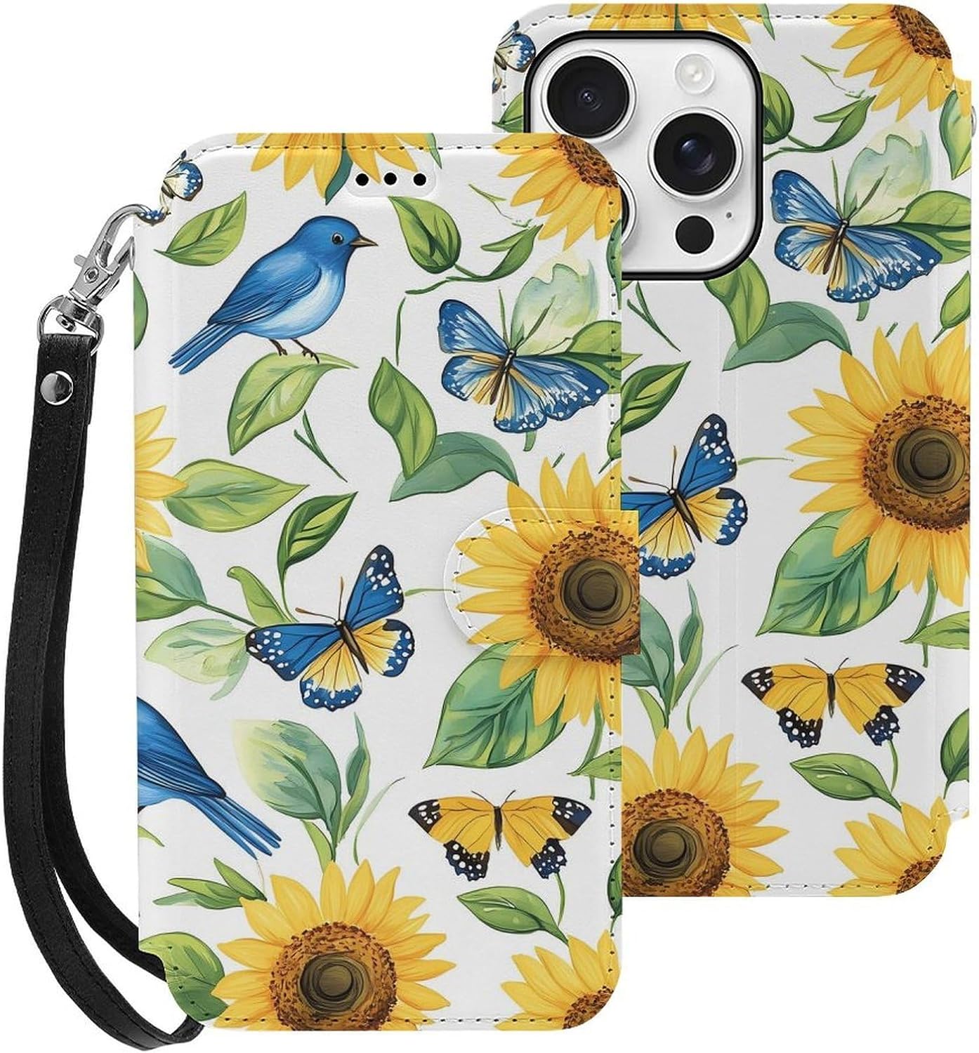 Blue Jay Birds Sunflowers Butterfly Compatible with iPhone 16/16 Plus/16 Pro/16 Pro Max/16 E Case Phone Wallet Card Holder Flip Cover with Wrist Strap