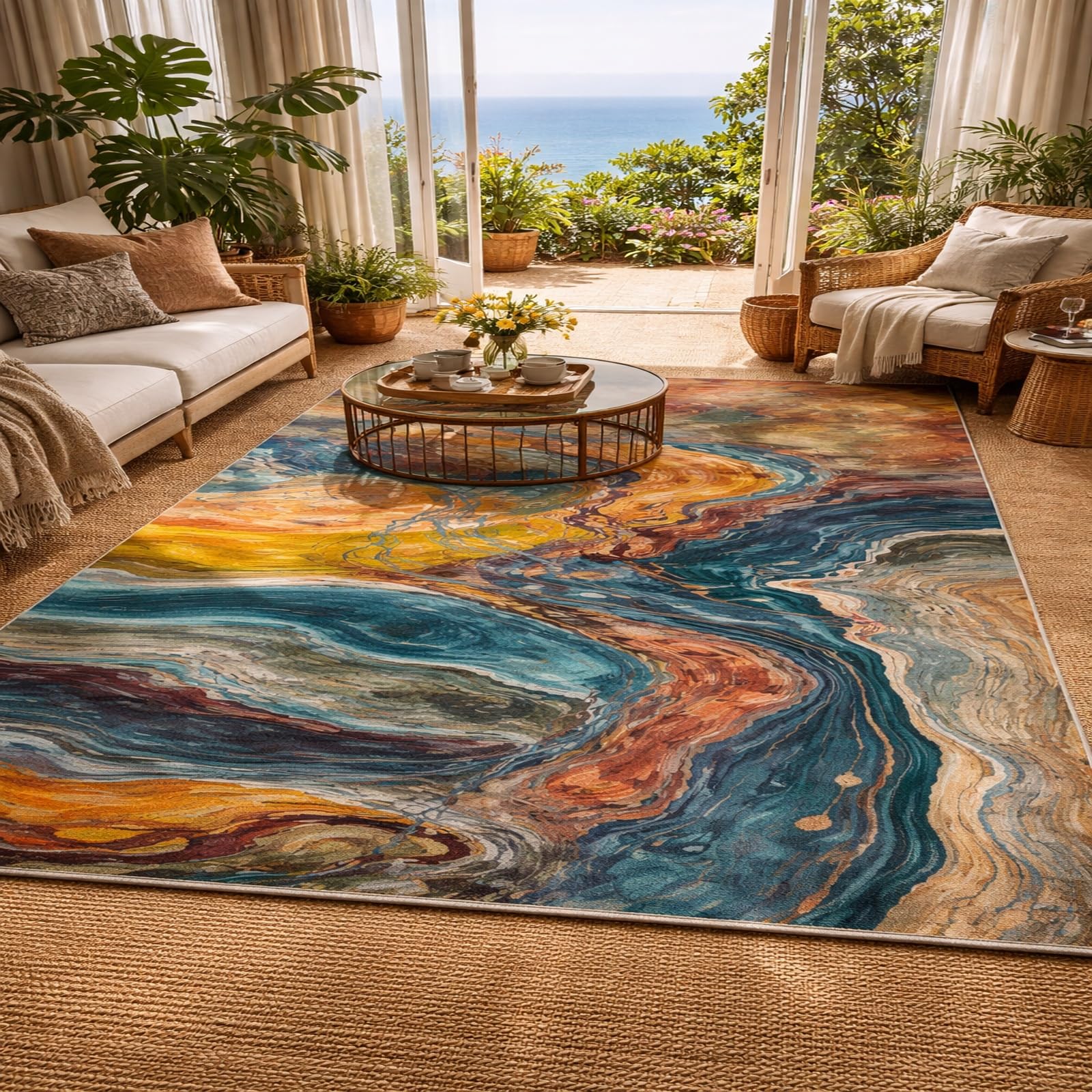Tapis de salon 200x300 cm abstrait bleu jaune orange pour grand canapé et chambre