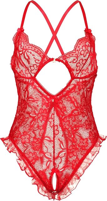 Women Xmas Lingerie Lace Bodysuit Teddy V Neck One Piece Babydoll Mini Backless See Through Chemise Underwear