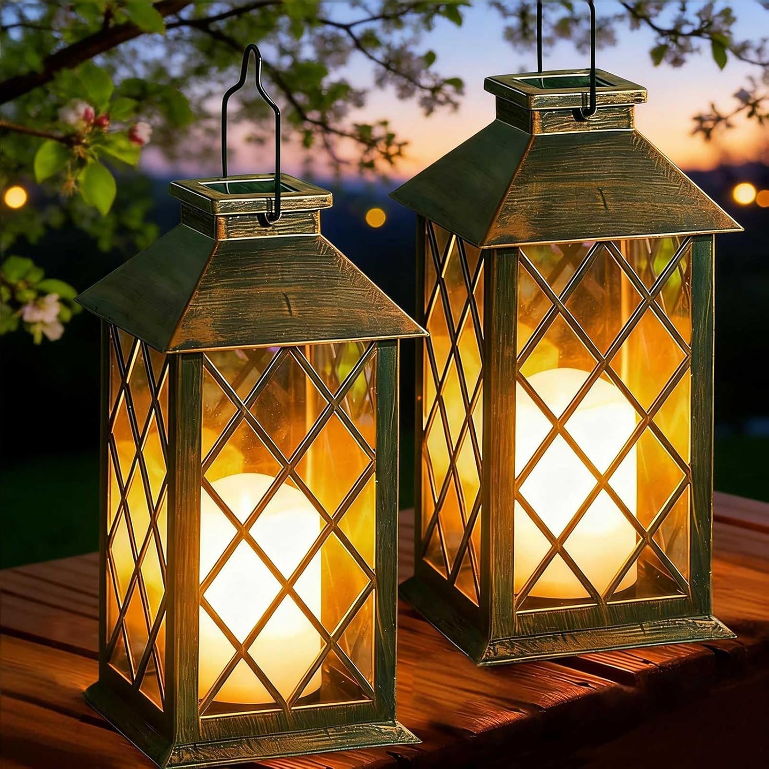 Solar Lanterns Outdoor Waterproof, 2 Pack Glass Hanging Solar Lights with Flickering Flameless Candle, Outdoor Lanterns for Patio Wall Porch Table Garden Yard Tree, Gift for Women Mom - Bronze