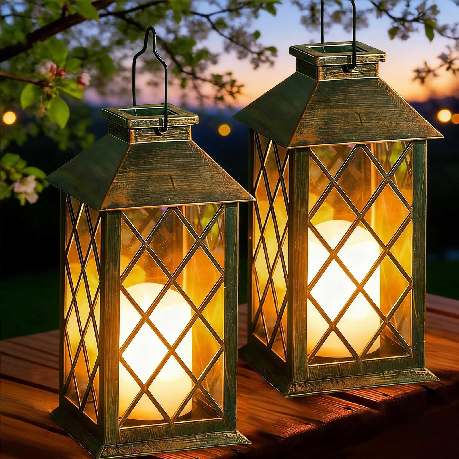 Joycome Solarlaterne für Außen, 2 Stück Solarlampen für Außen Hängend mit Flackernde Kerzen, Solar Laternen Outdoor, Wetterfest Vintage Laternen für Garten Balkon Tisch Friedhof Terrasse Deko - Bronze