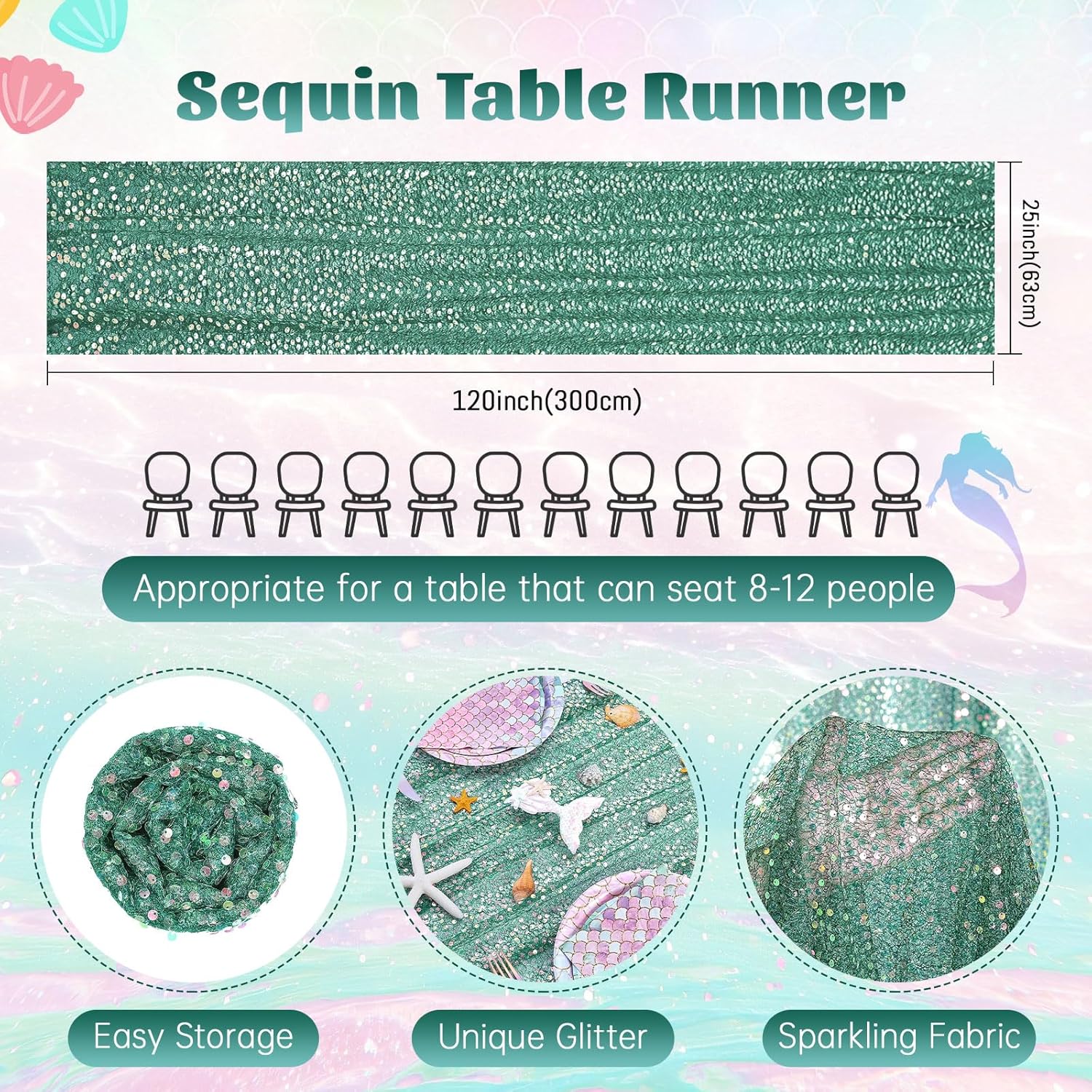 Sequin Table Runner Fabric Parties: Rectangle Linen St. Patricks Day Decoration Glitter Mermaid Birthday Christmas Indoor Outdoor Event Wedding 25x120 inch