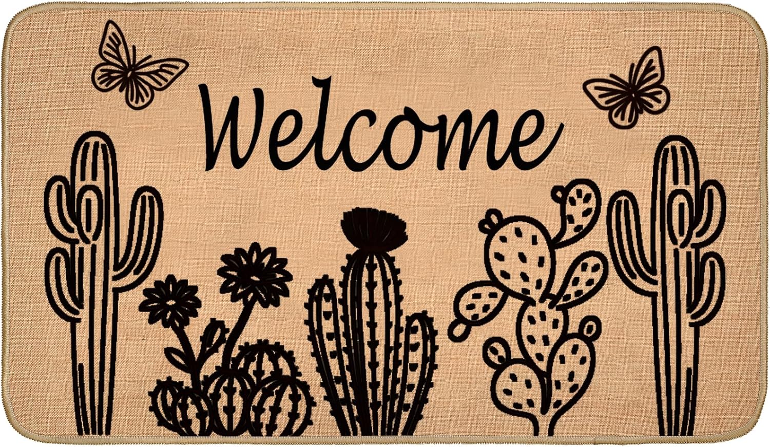 Cactus Welcome Door Mat,29.5x17inch,Indoor Outdoor Linen Floor Mats with Hand-Drawn Desert Plant and Butterfly,Non-Slip Rubber Backing Doormat,Boho Decor Gifts Rug for Entrance Kitchen Bedroom