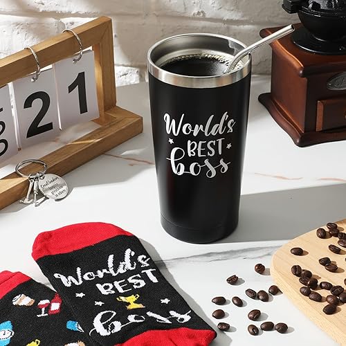 Miniatura 4 de EBOOT Juego de 3 piezas de regalo de jefe para hombre, juego de vasos de viaje de 20 onzas con pajitas, divertidos calcetines novedosos con llavero