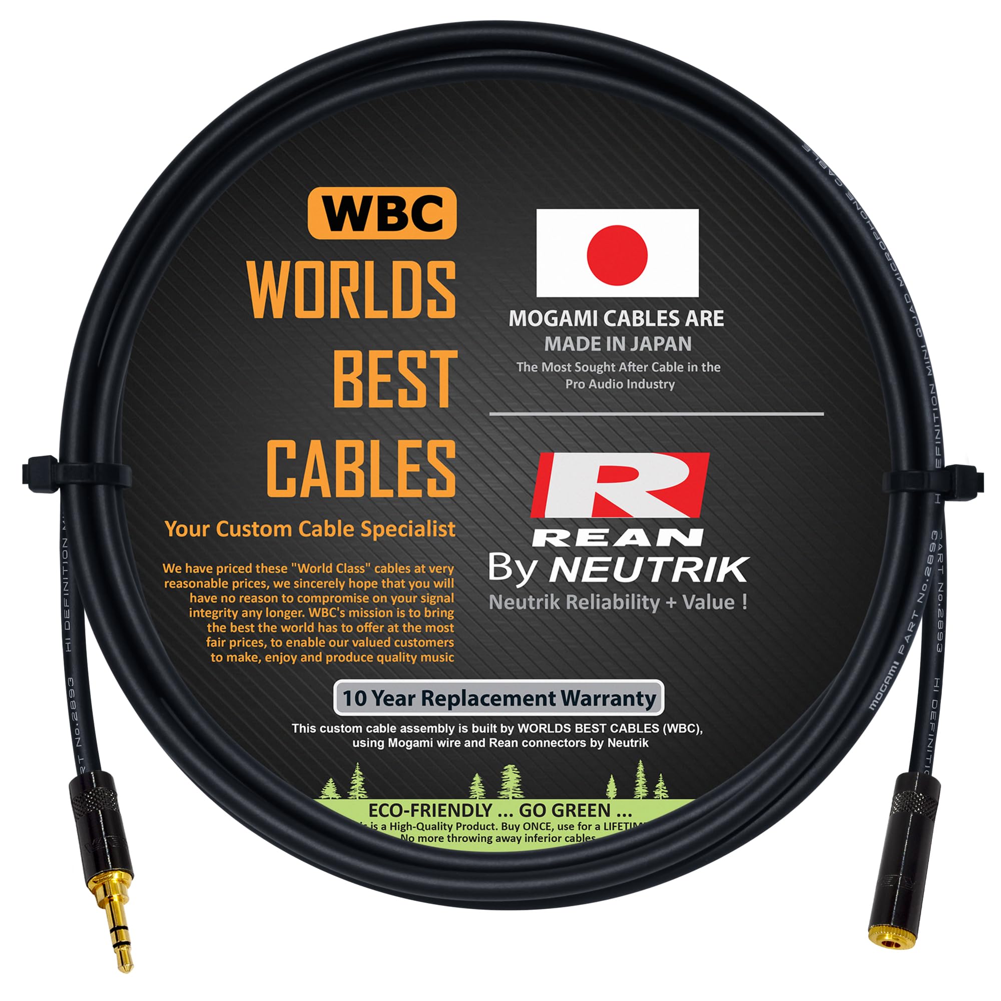 WORLDS BEST CABLES6 Foot - Quad Balanced Headphone Extension Cable Custom Made Using Mogami 2893 Wire and Neutrik-Rean NYS231BG Male & NYS240BG Female 3.5mm Gold TRS Plugs