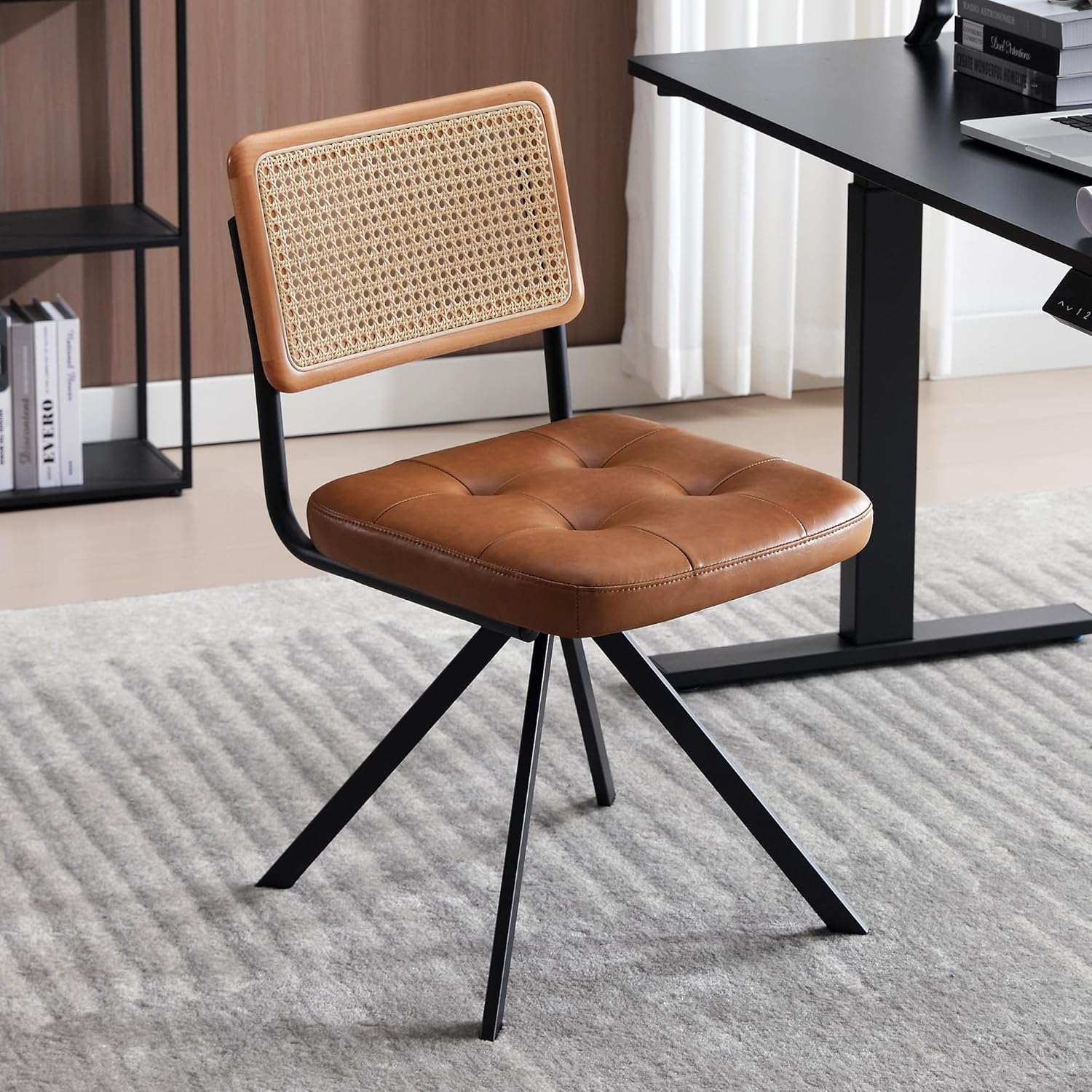 Zesthouse Rattan Desk Chair No Wheels Mid Century Modern Home Office Chair with Cane Mesh Wooden Back Vintage