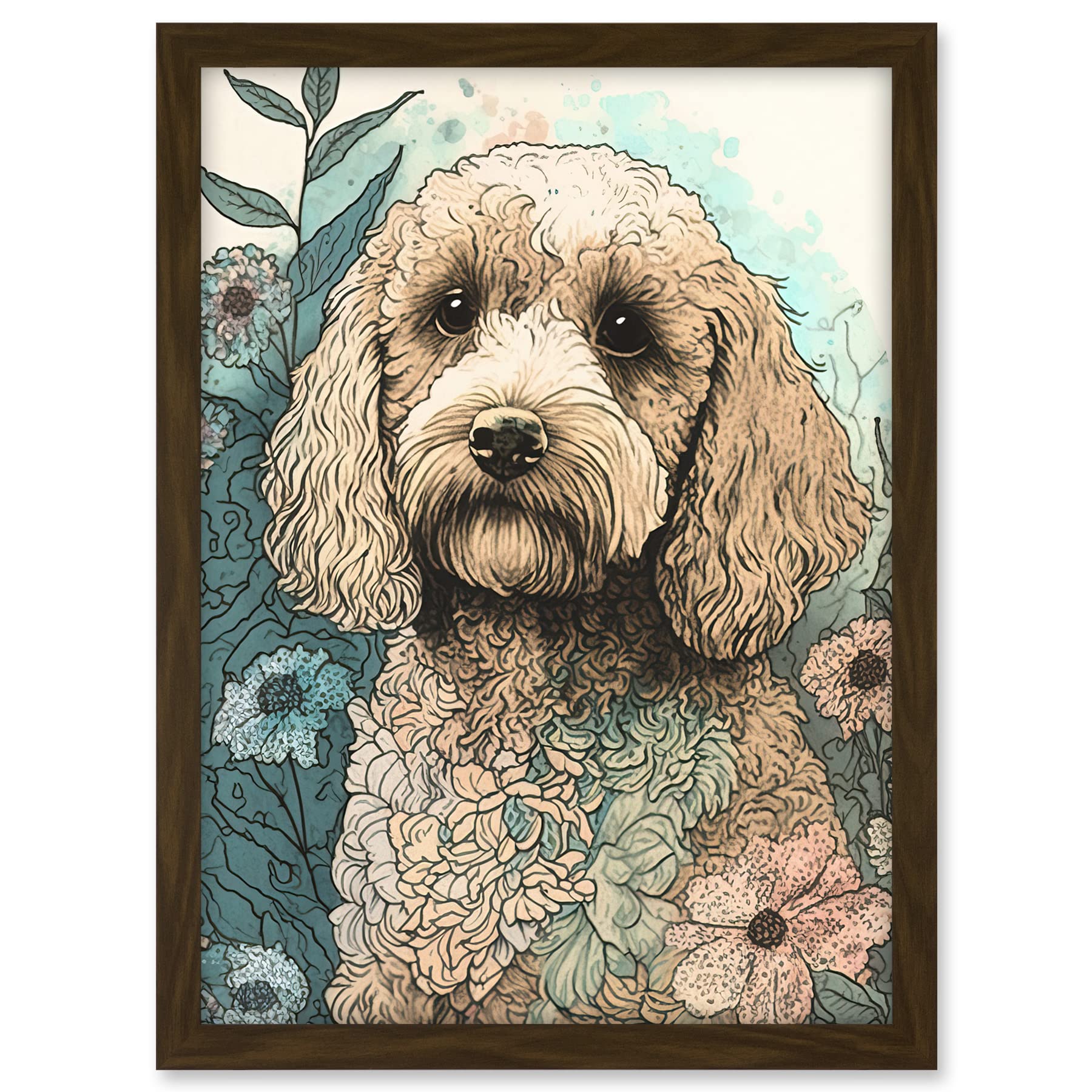 Artery8 Cockapoo Dog in Wildflower Field Pastel Watercolour Illustration Artwork Framed A3 Wall Art Print