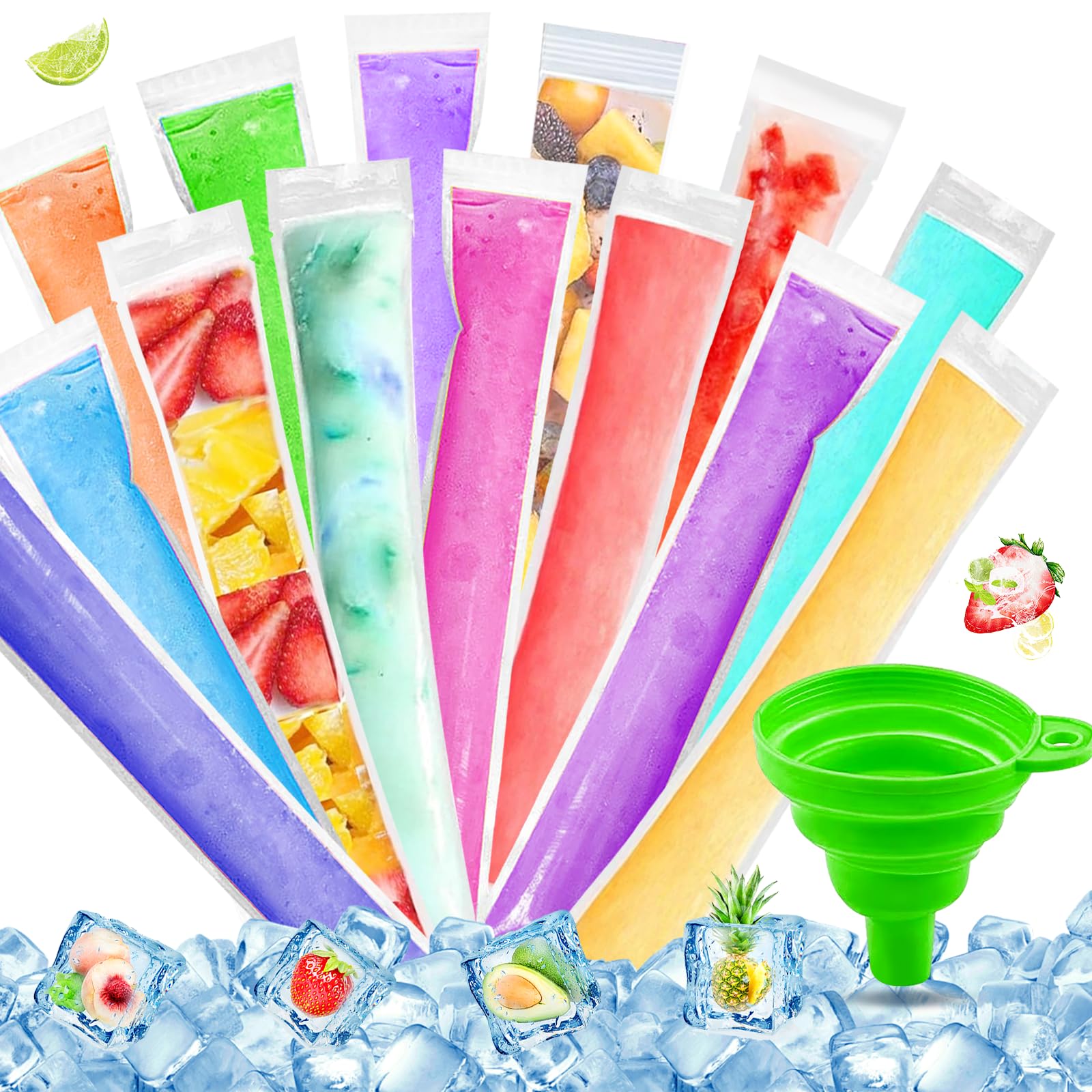 Wassereis Tüten,300Stück Wassereis Formen,Popsicle Taschen,wassereis tüten wiederverwendbar,Eis Pop Beutel Hausgemachte DIY Eisriegel Saft Joghurt 5.5 x 28 cm,mit 1 Trichter.
