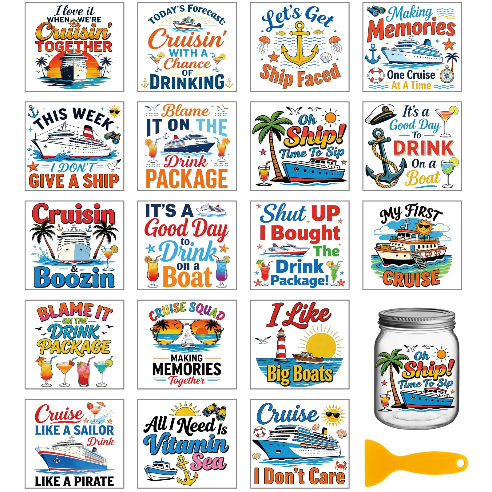 GLOBLELAND 18 Sheets Summer Cruise Ships Transfer Sticker for Cup Crafts 3.9x3.6 inch Colorful Sailing Decal Stickers Sea Drinks Rub on Transfers for Bottle Vase Glass Furniture Decor